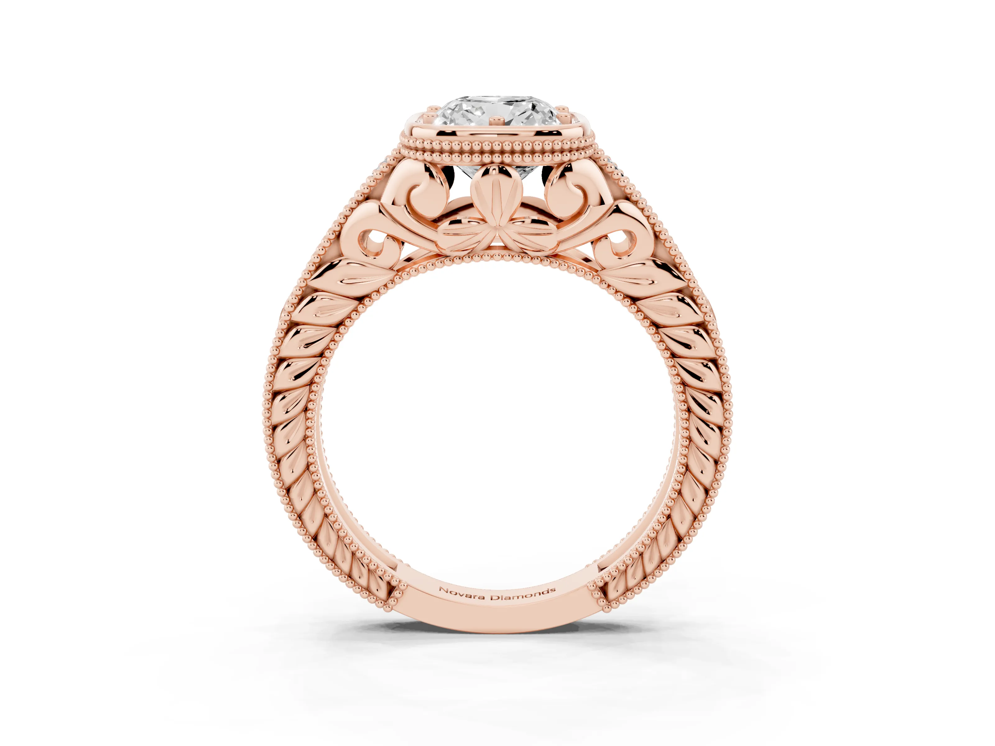 Bezel Set Cushion Cut Diamond Milgrain Pavé Engagement Ring Set in Rose gold