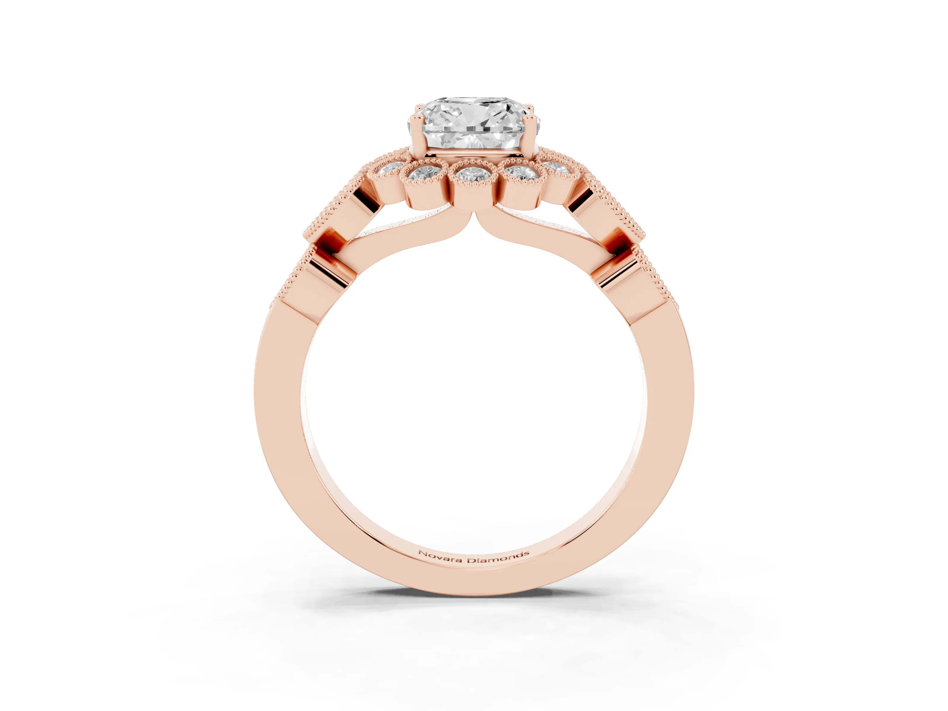 Cushion Cut Diamond Solitaire Ring Set in Rose gold with Milgrain Pavé Heart Band