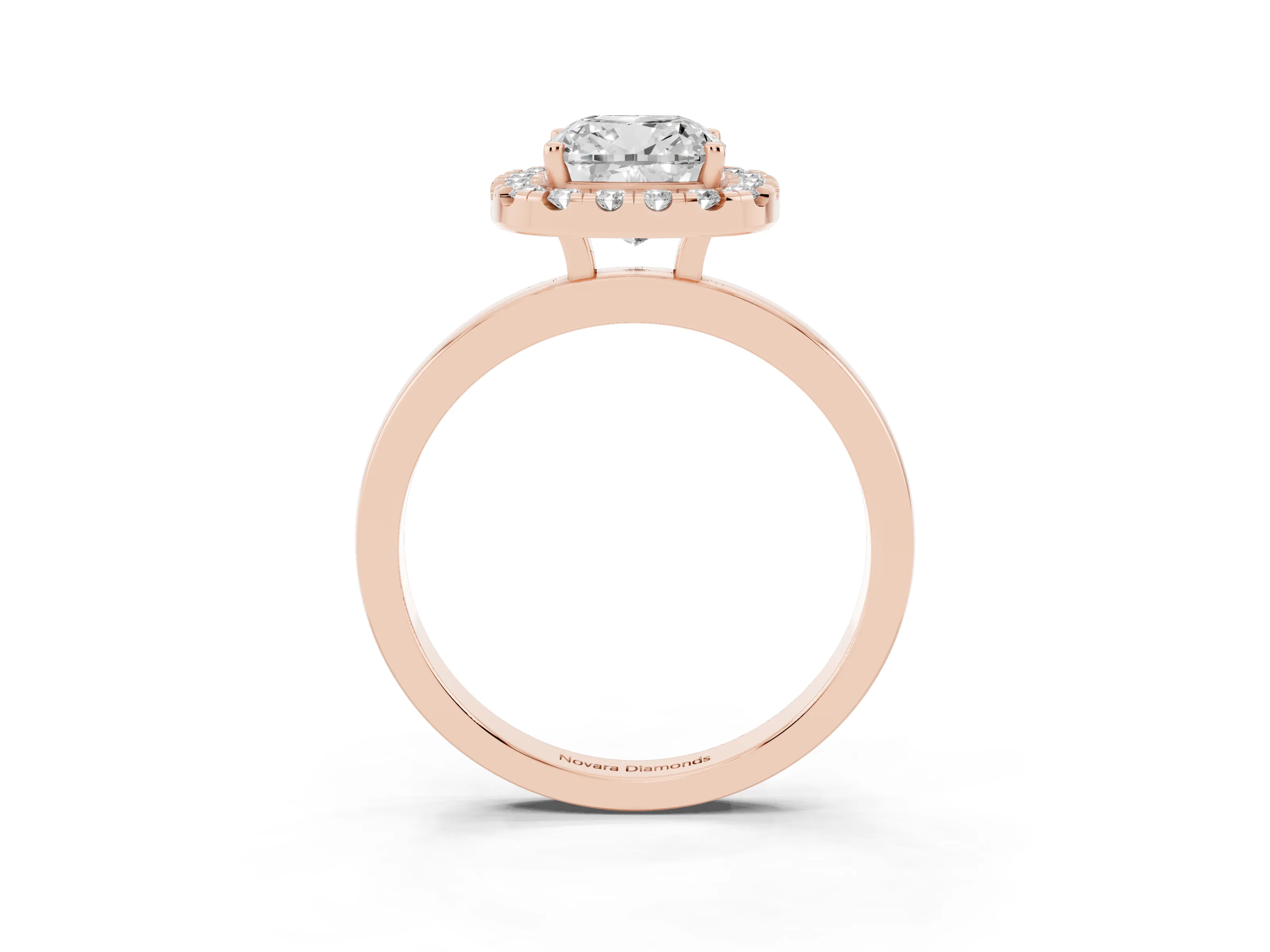 Cushion Cut Diamond Halo Solitaire Ring Set in Rose gold with Pavé Band and Prong Setting