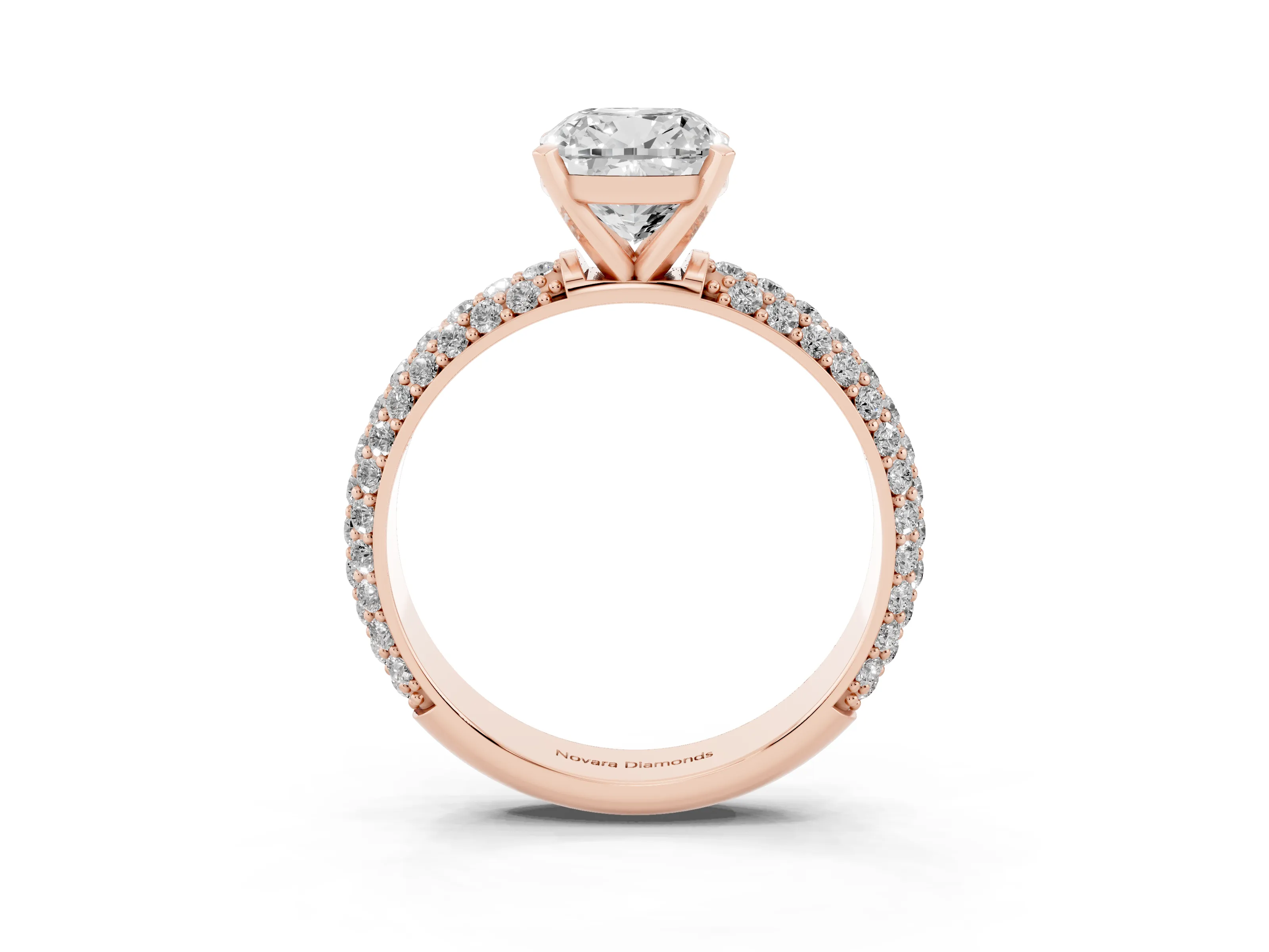 Cushion Cut Diamond Solitaire Ring Set in Rose gold with Prong Setting and Pavé-Set Band