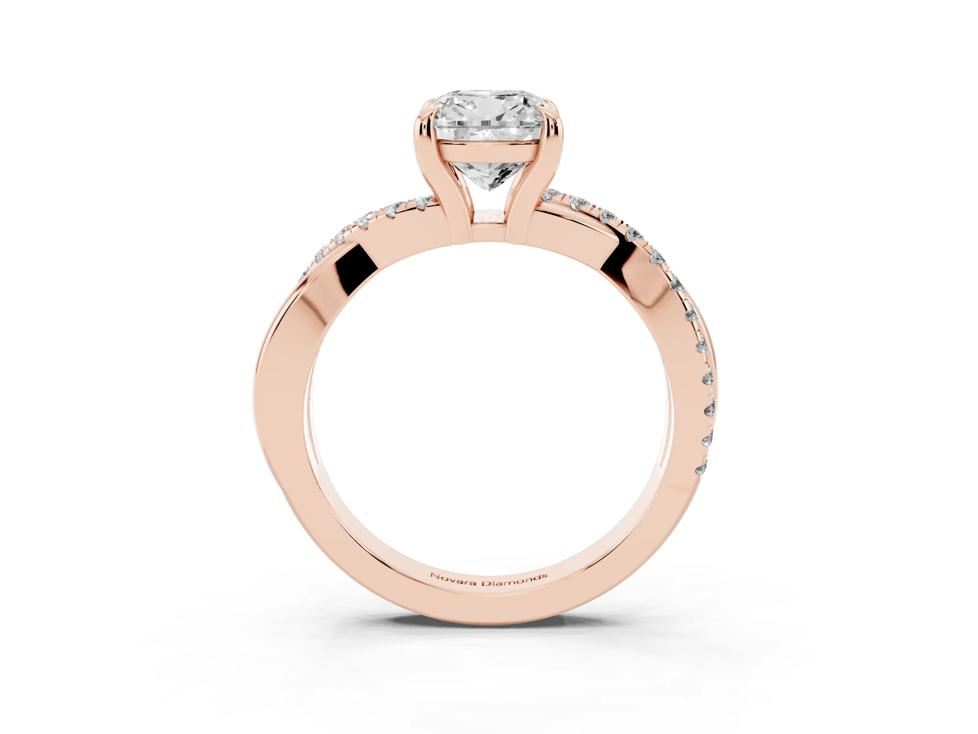 Cushion Cut Diamond Twist Band Pavé Solitaire Ring Set in Rose gold with Prong Setting