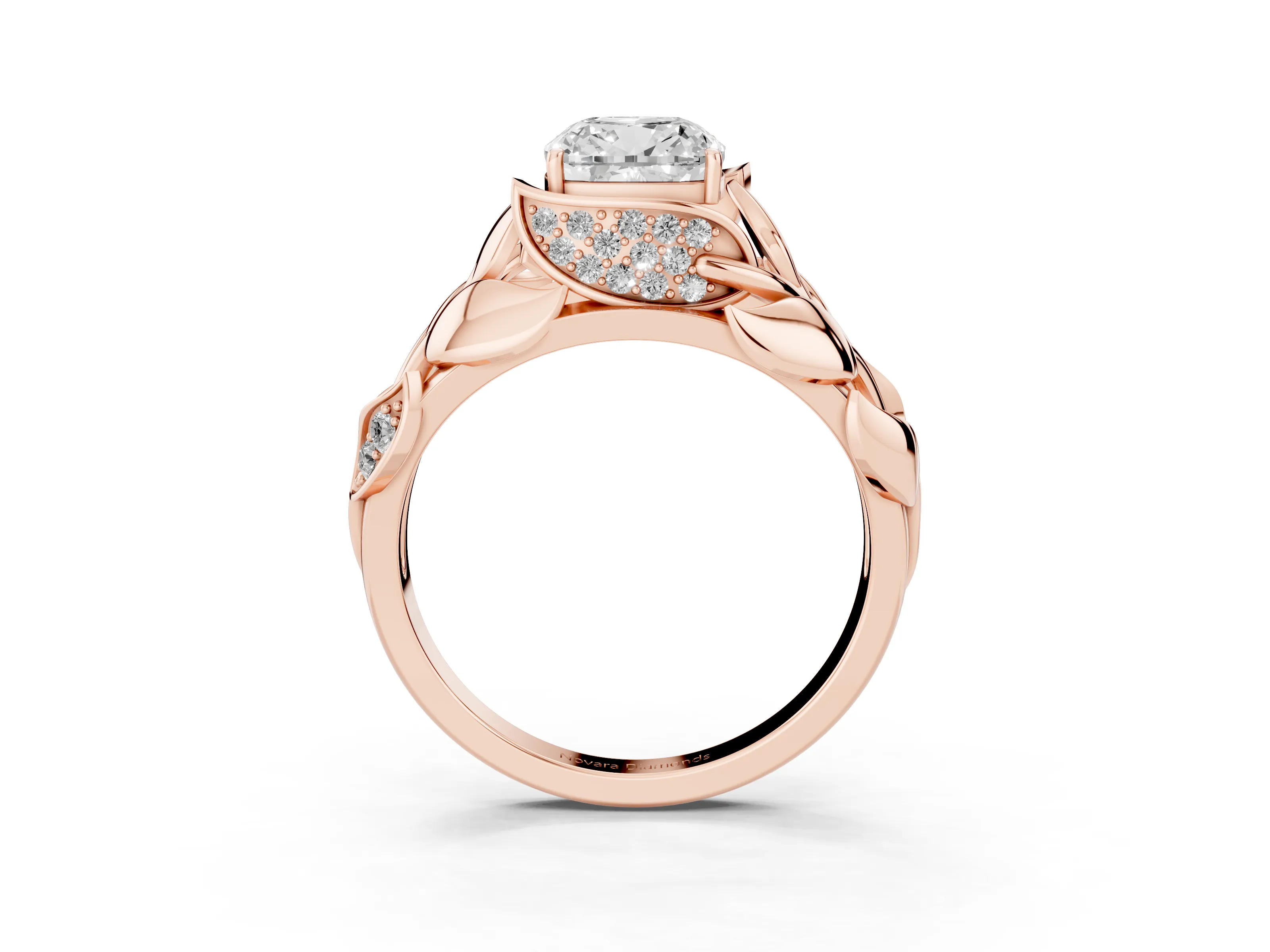 Cushion Cut Diamond Leaf-Inspired Engagement Ring Set in Rose gold with Round Accents