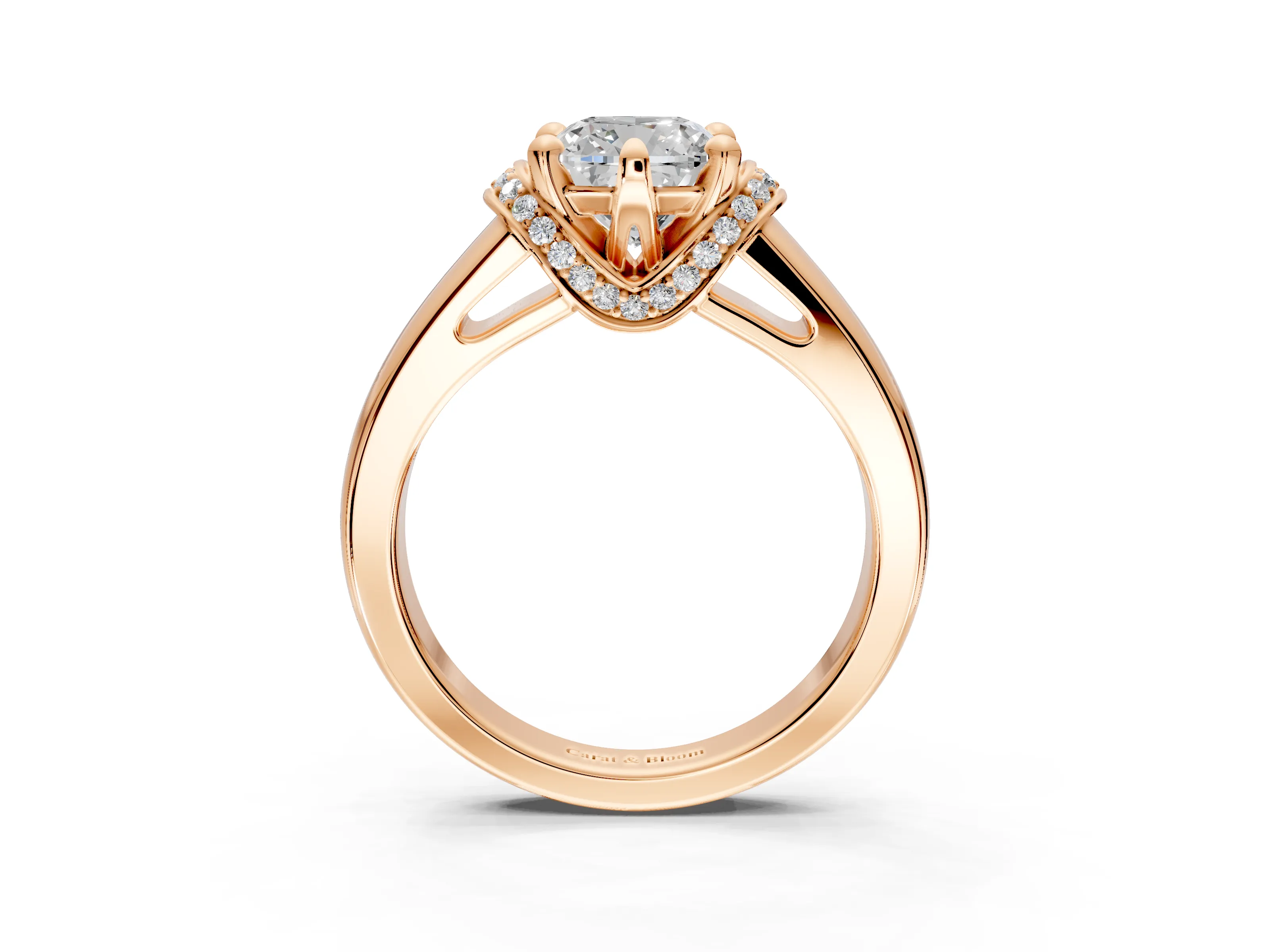 Solitaire Engagement Ring Setting for Cushion Cut Center with Wide Band, Pave Collar and Prong Head in Rose Gold
