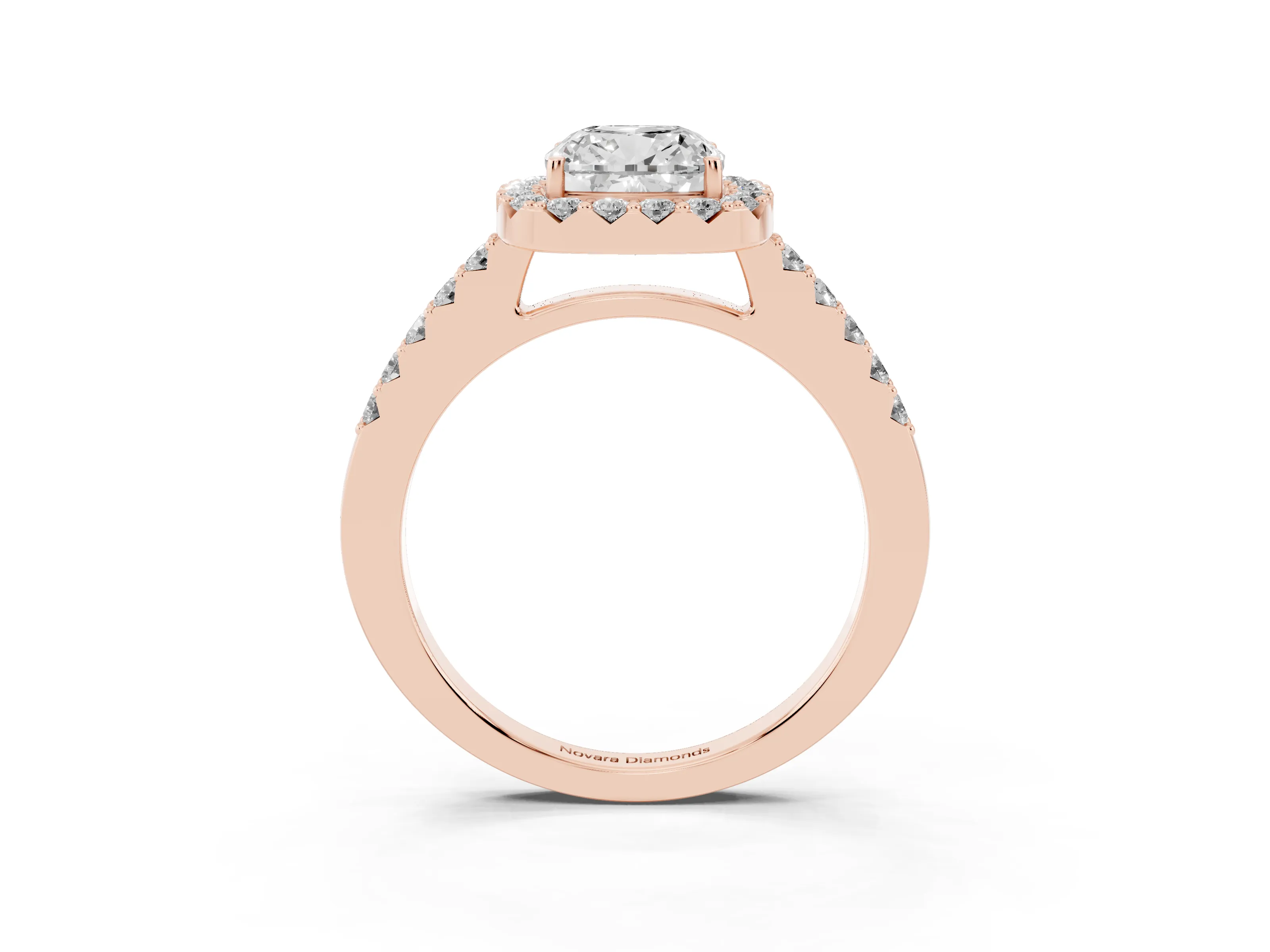 Cushion Cut Diamond Halo Pavé Solitaire Ring Set in Rose gold with Prong-Set Center Stone