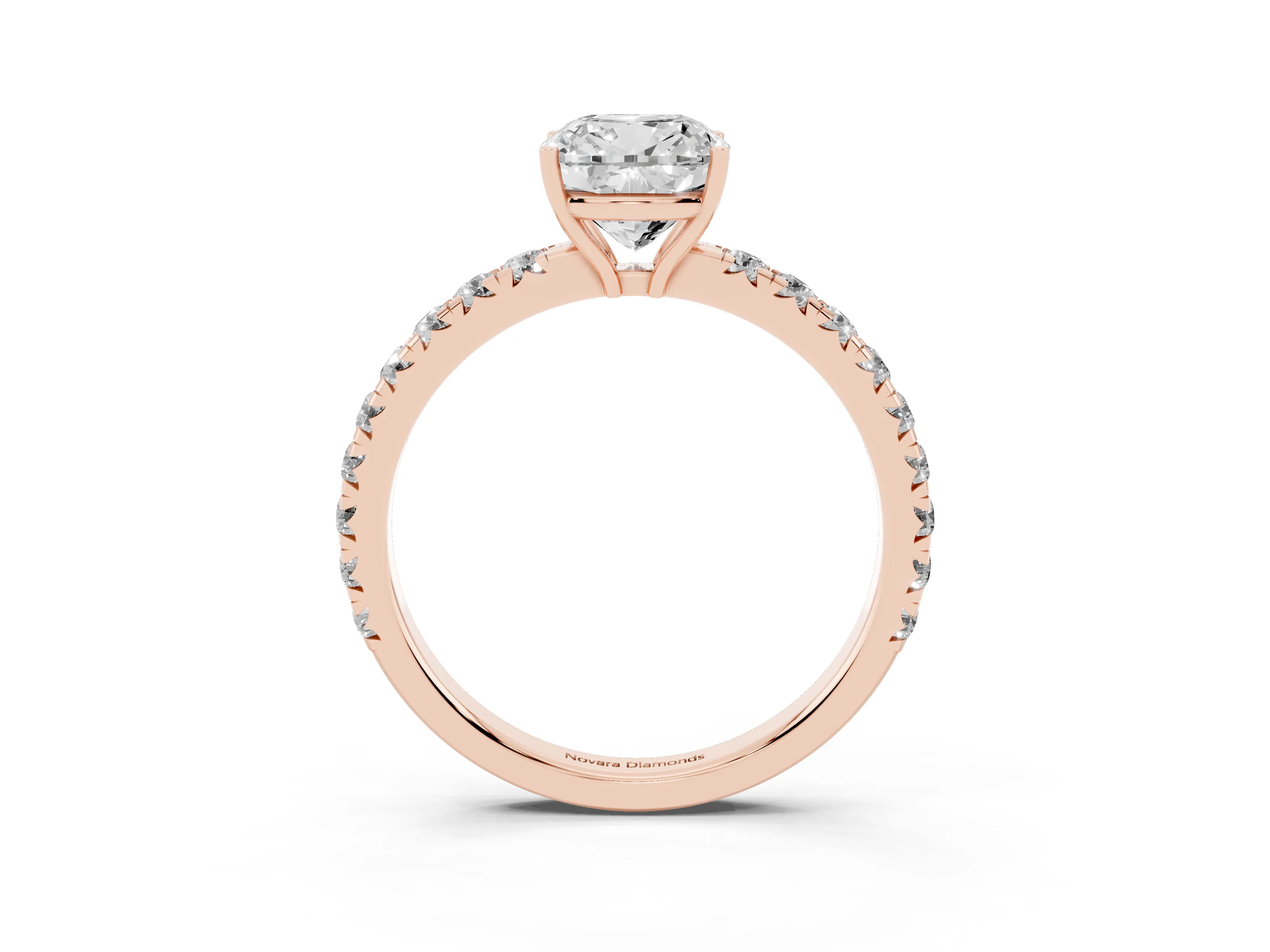 Cushion Cut Diamond Pavé Solitaire Engagement Ring Set in Rose gold with Prong Setting