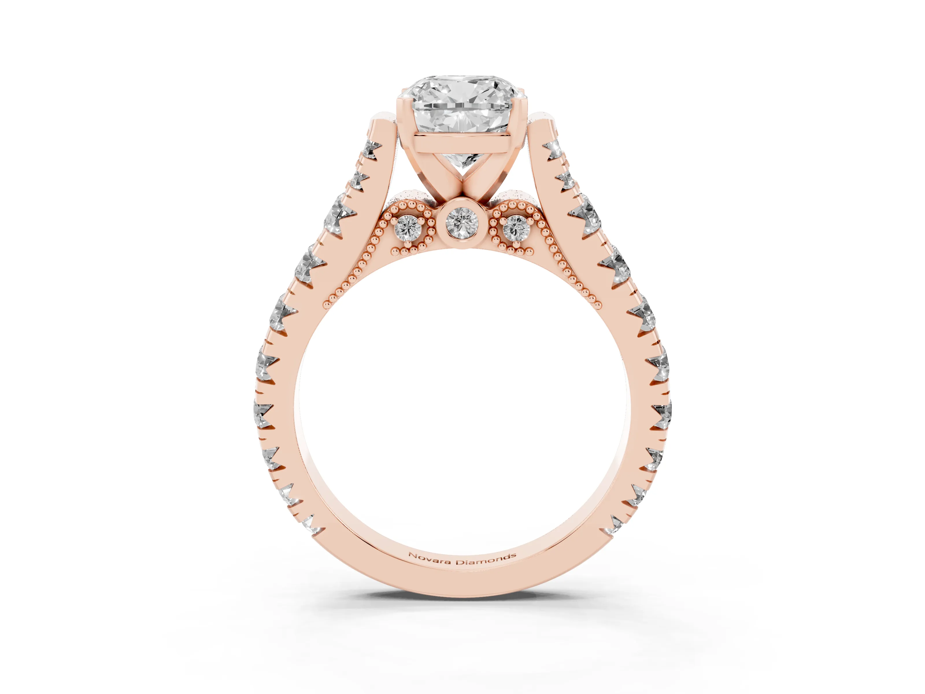 Cushion Cut Diamond Classic Solitaire Ring Set in Rose gold with Pavé Band and Prong Setting