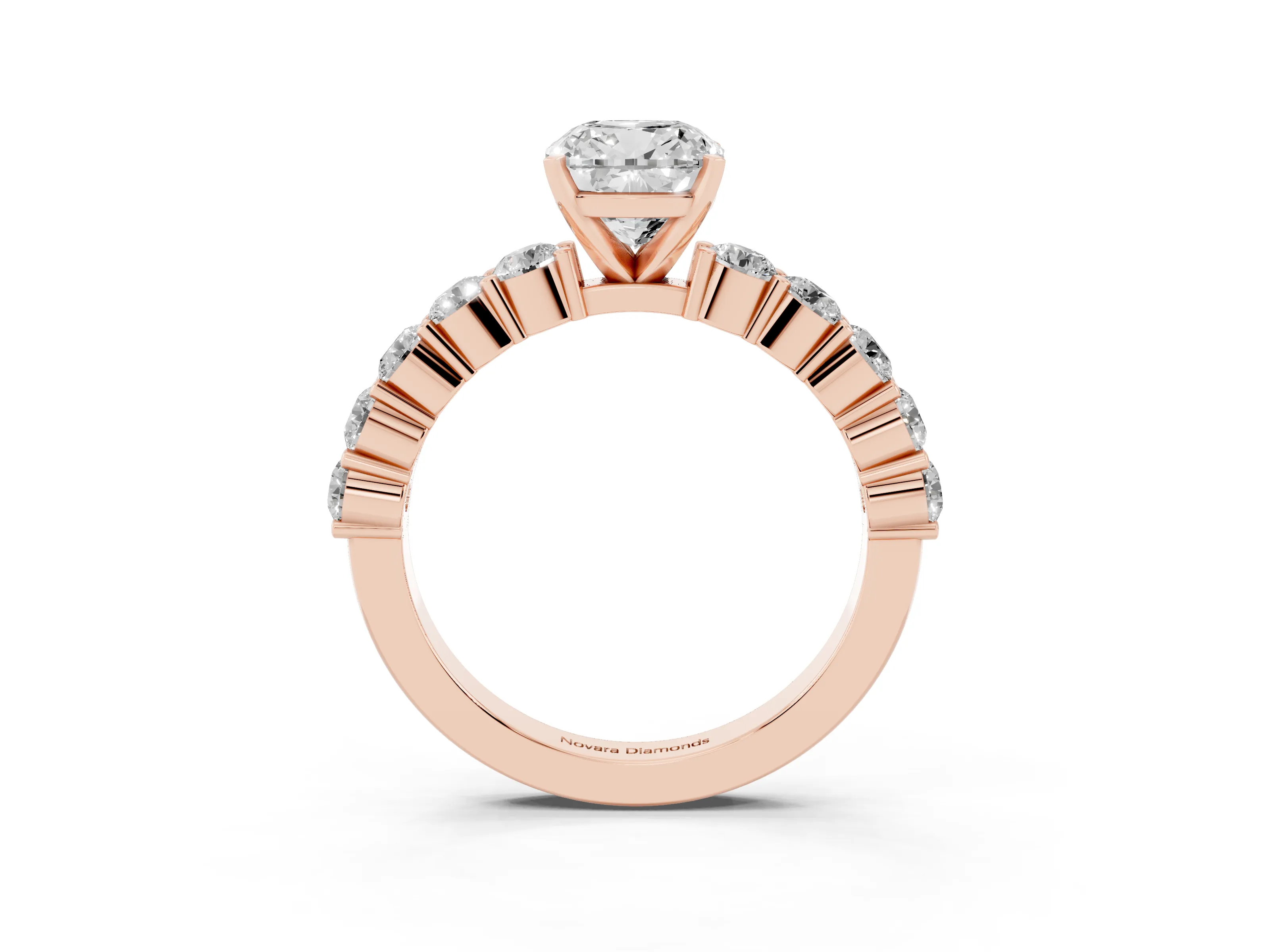 Cushion Cut Diamond Solitaire Ring Set in Rose gold with Shared Prong Round Side Stones