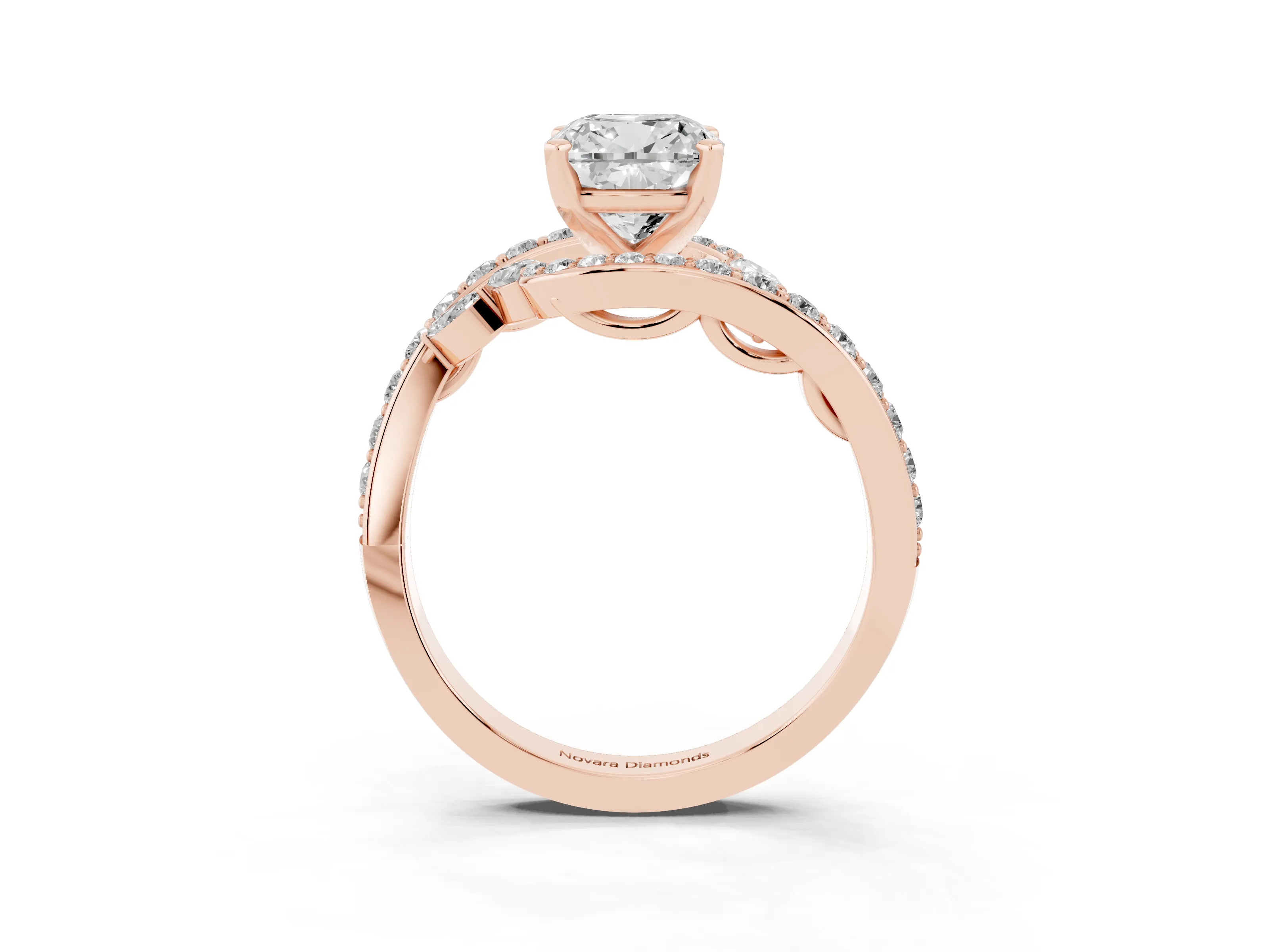 Cushion Cut Diamond Solitaire Ring Set in Rose gold with Filigree Band and Prong Setting