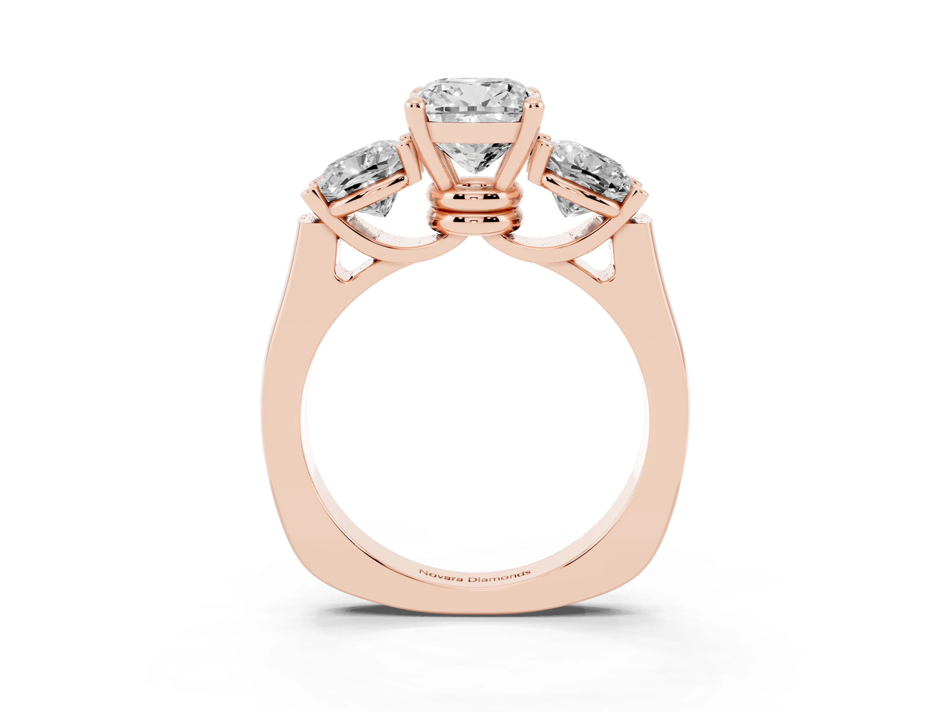 Cushion Cut Diamond Three-Stone Trellis Ring Set in Rose gold with Comfort Fit Band