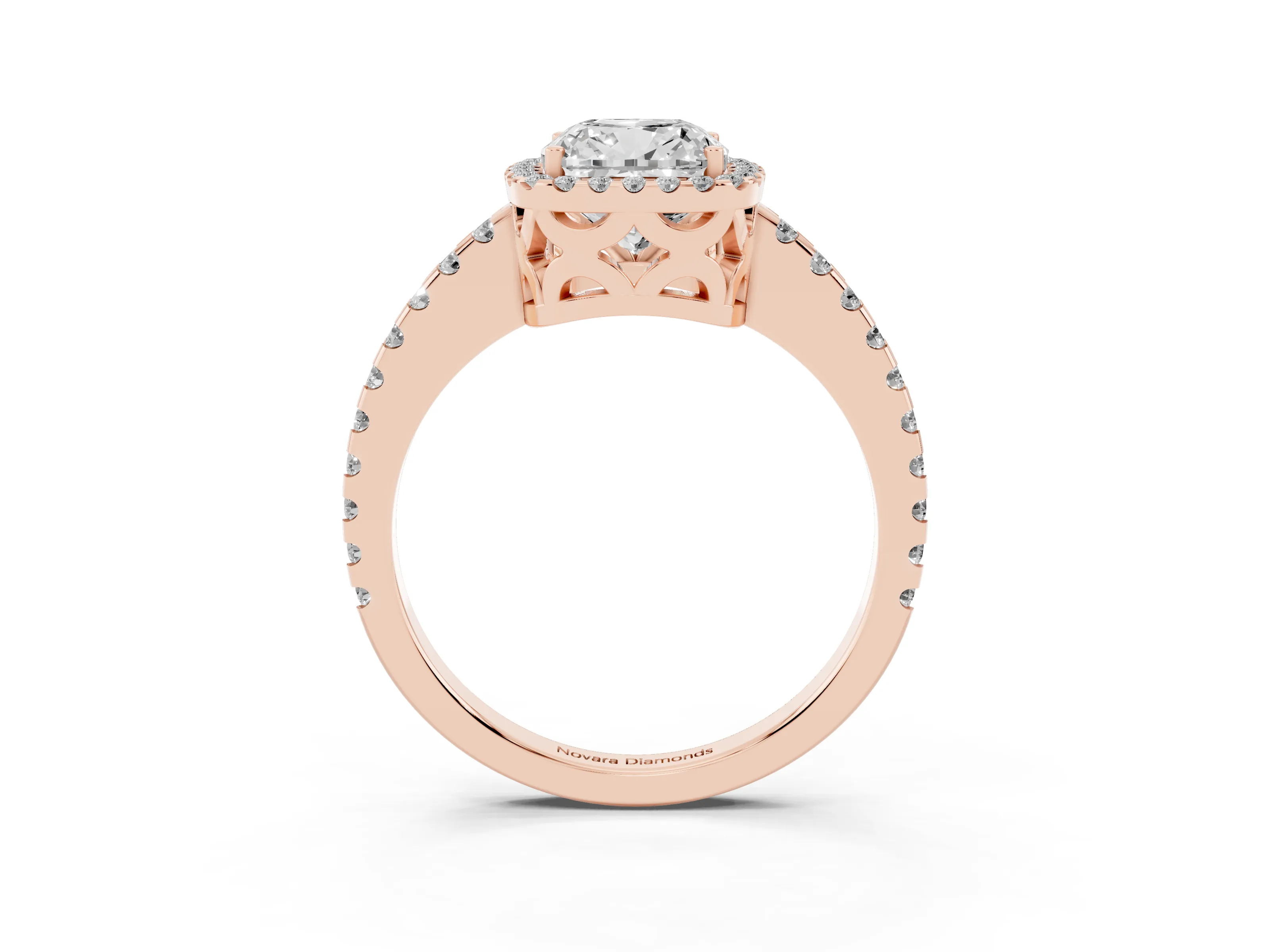 Cushion Cut Diamond Halo Ring Set in Rose gold with Pavé Shoulders and Halo-Framed Center