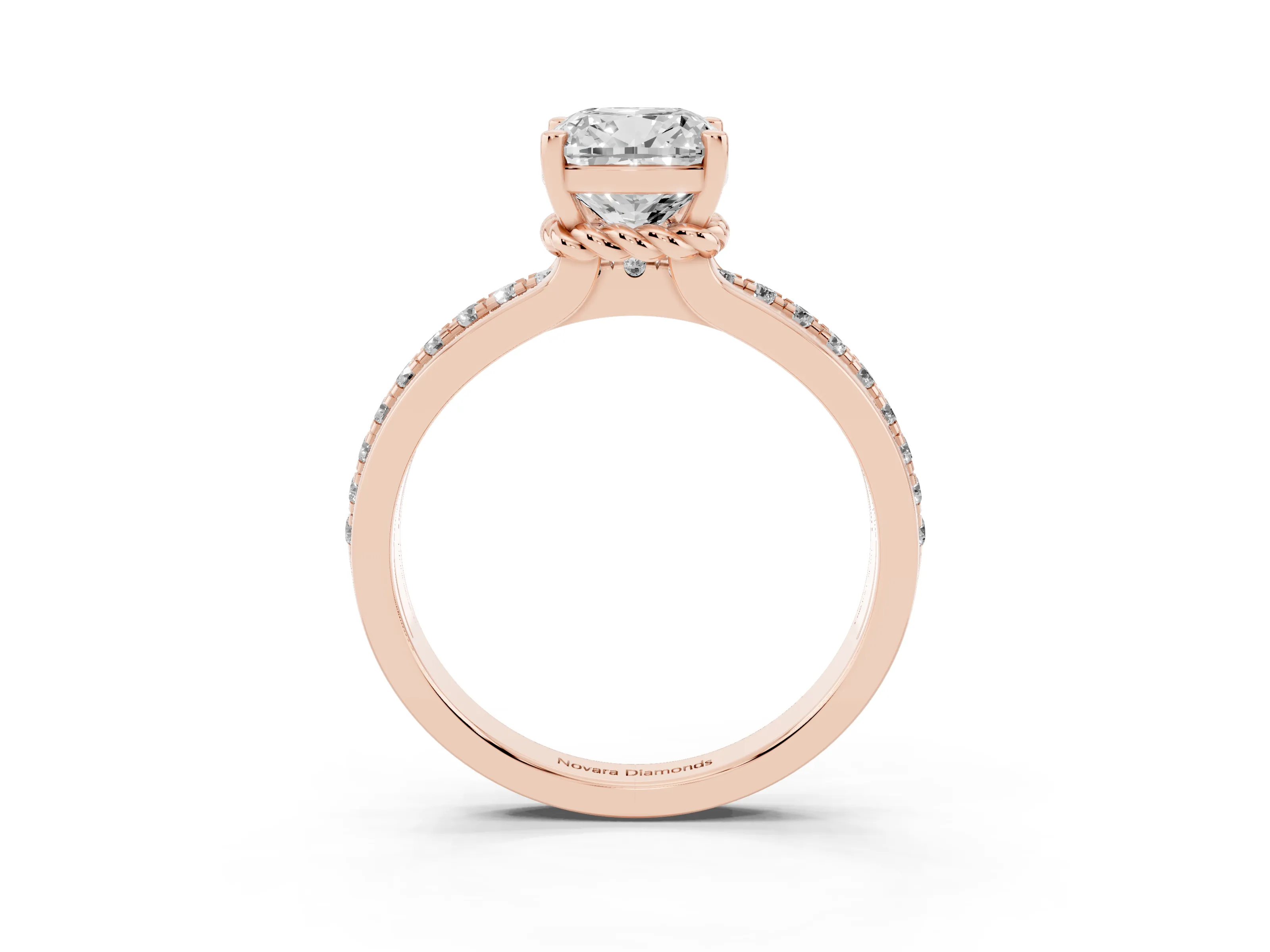 Cushion Cut Diamond Solitaire Ring Set in Rose gold with Channel Set Band and Prong Setting