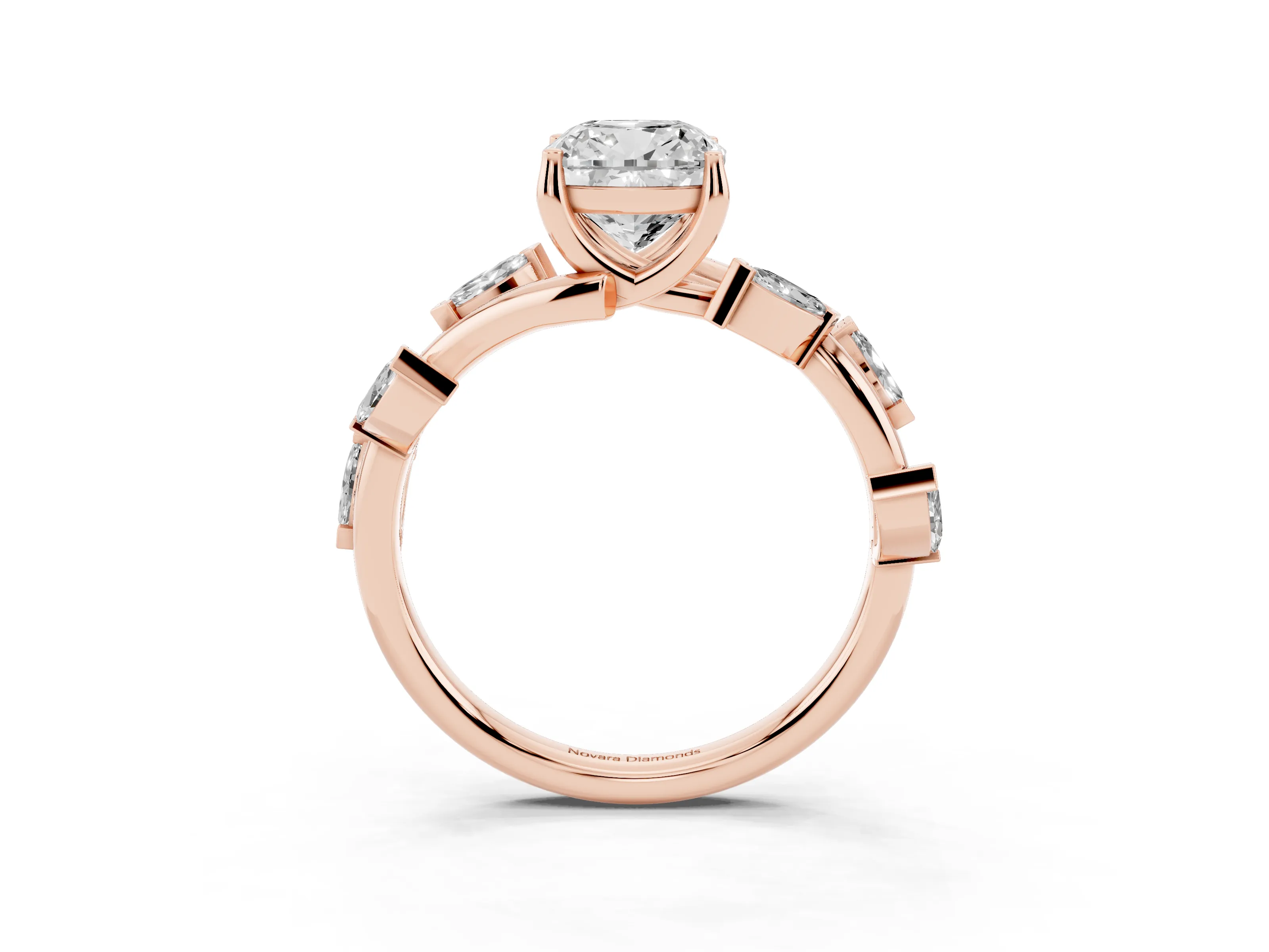 Cushion Cut Diamond Solitaire Ring Set in Rose gold with Twisted Marquise Accent Band