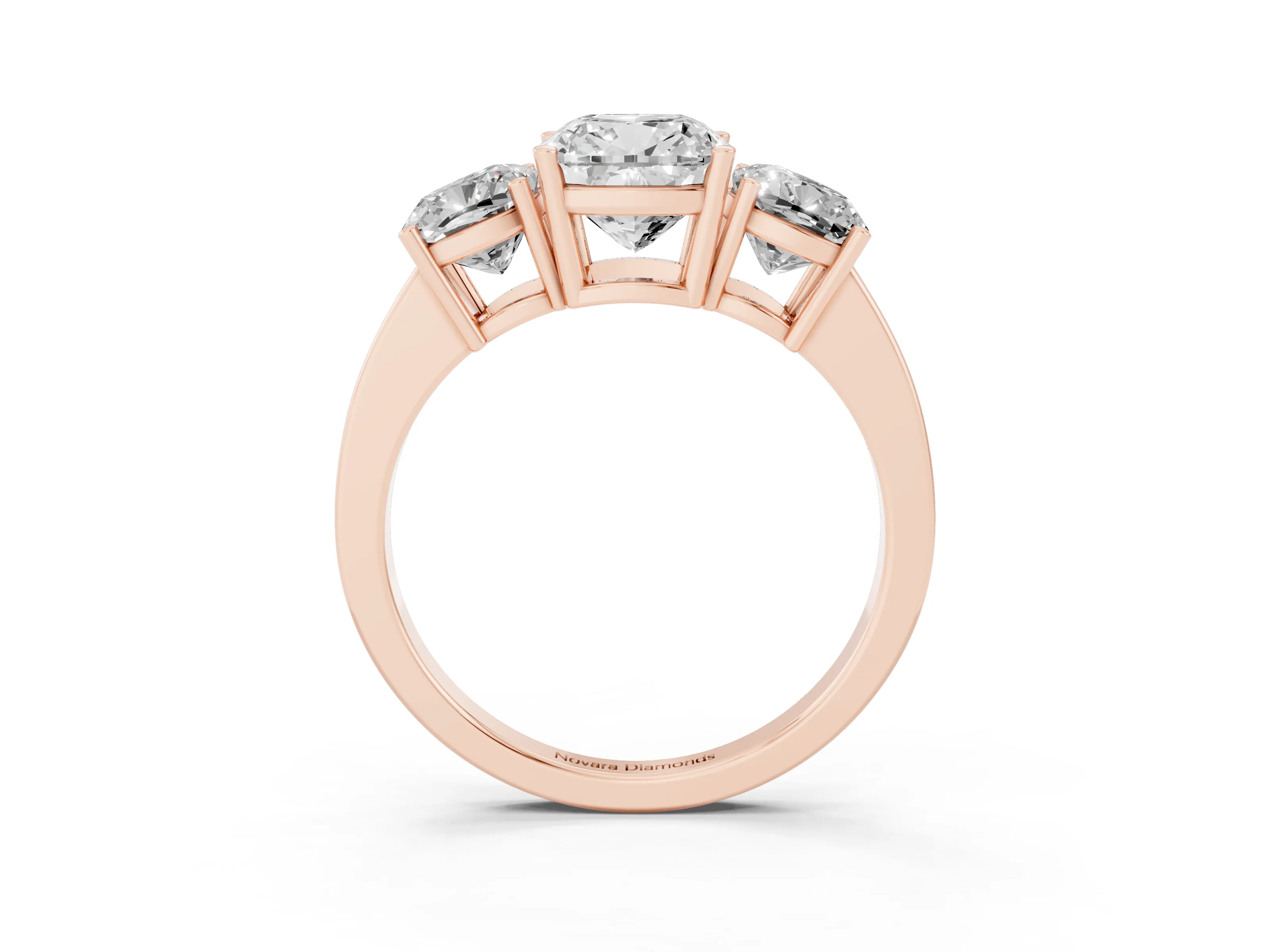 Cushion Cut Diamond Three-Stone Engagement Ring Set in Rose gold with Flat Band