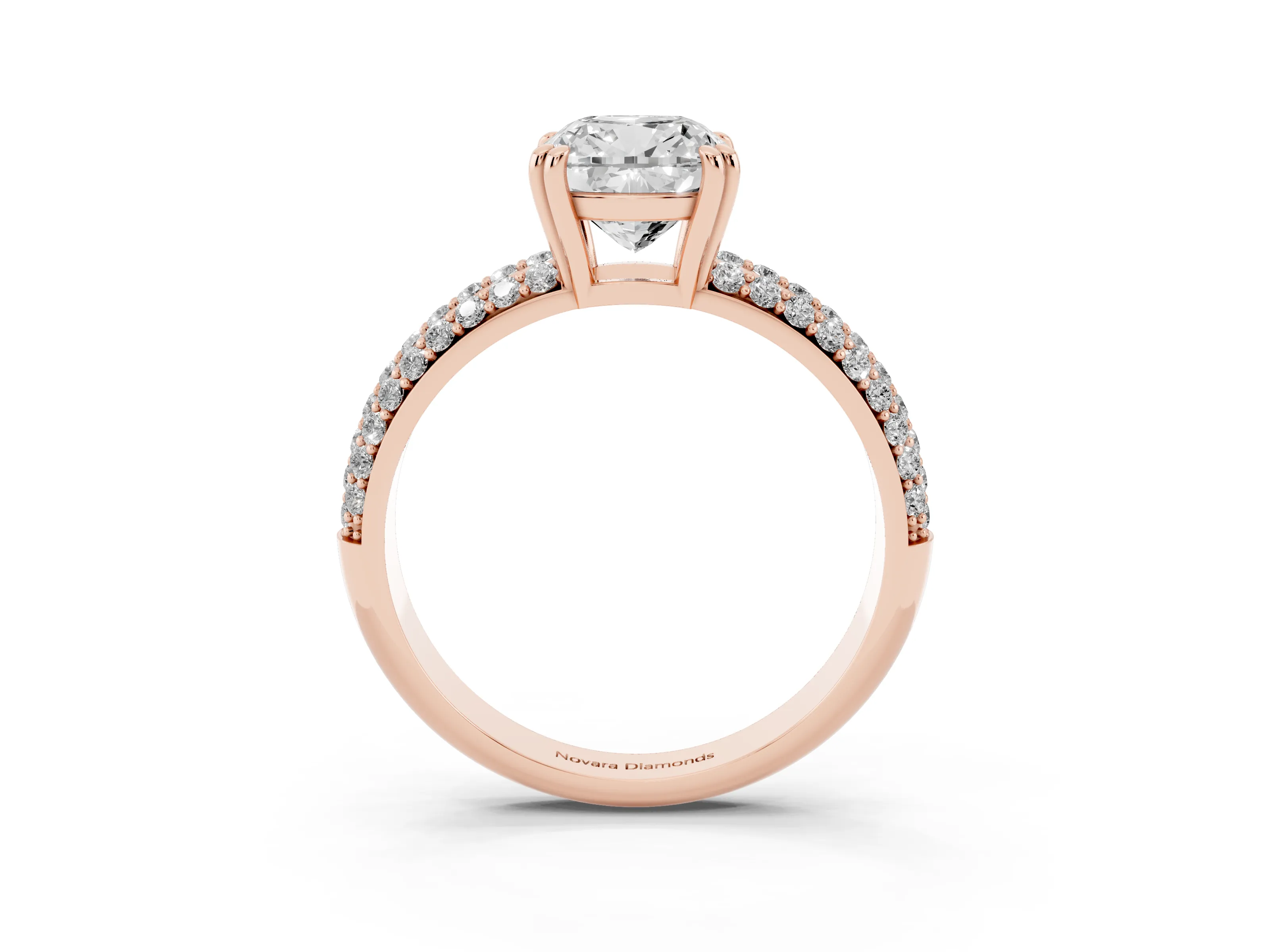 Cushion Cut Diamond Solitaire Ring Set in Rose gold with Multi-Row Round Pavé Band and Prong Setting