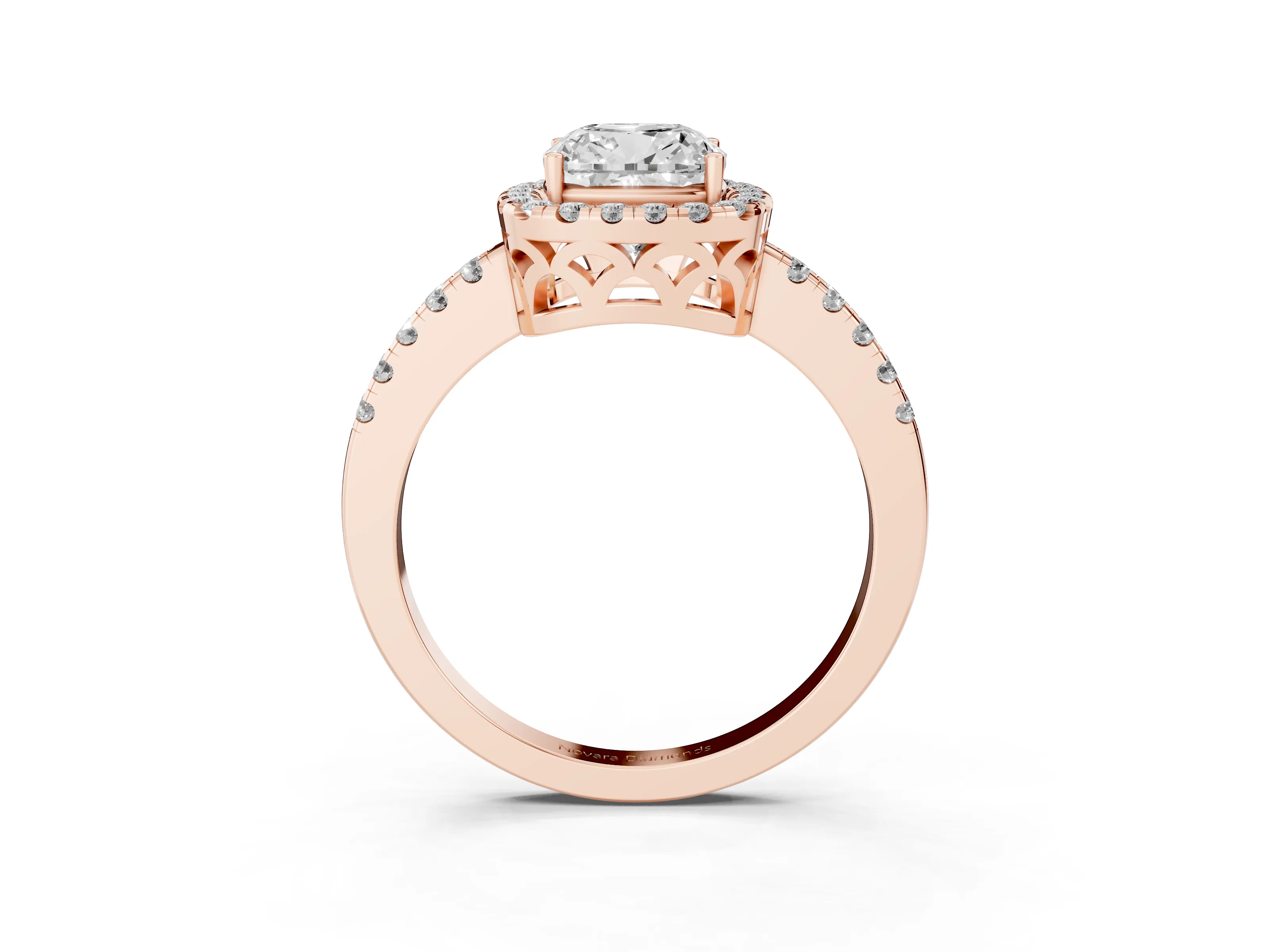 Cushion Cut Diamond Pavé Band Halo Engagement Ring Set in Rose gold with Prong Setting