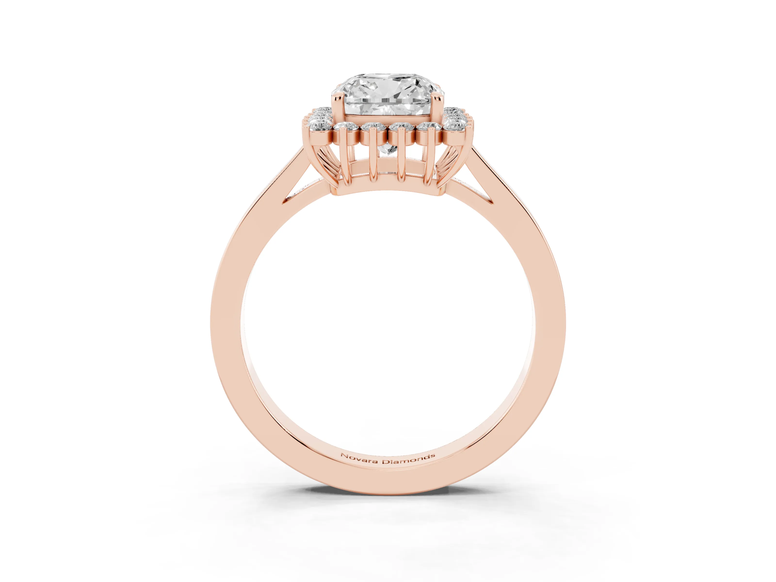 Cushion Cut Diamond Halo Ring Set in Rose gold with Round Halo and Smooth Solitaire Band