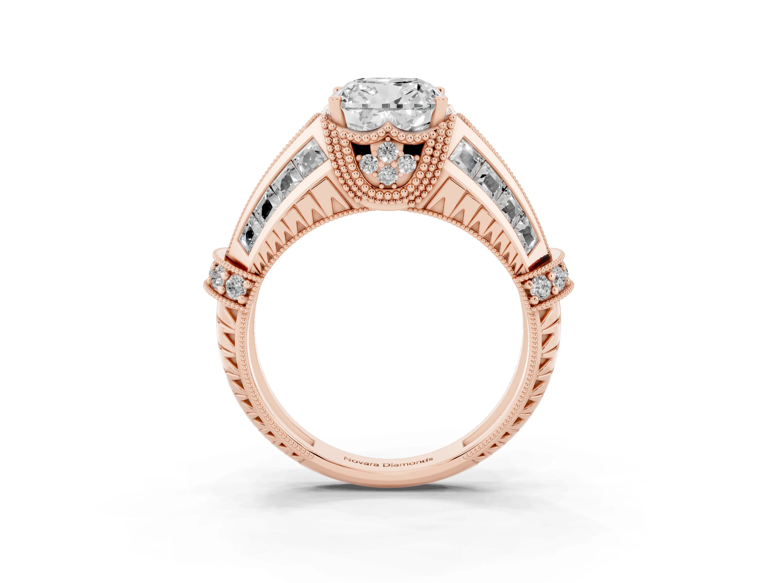 Cushion Cut Diamond Vintage-Inspired Milgrain Ring Set in Rose gold with Accent Split Shank