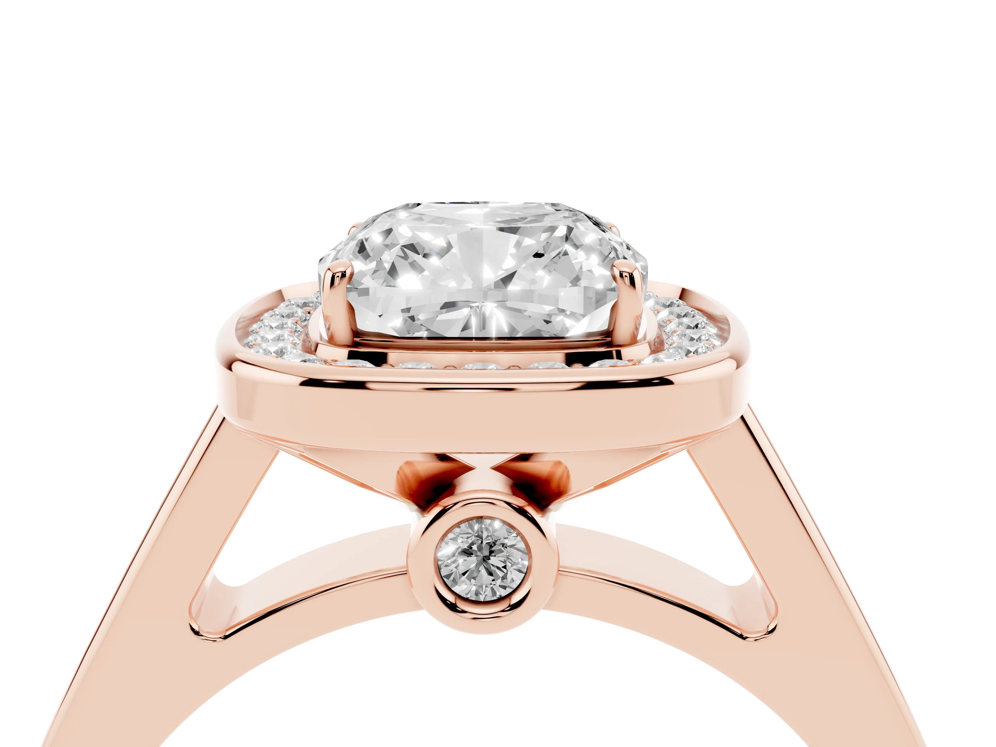 Cushion Cut Diamond Halo Solitaire Ring Set in Rose gold with Pavé Band and Bezel Setting