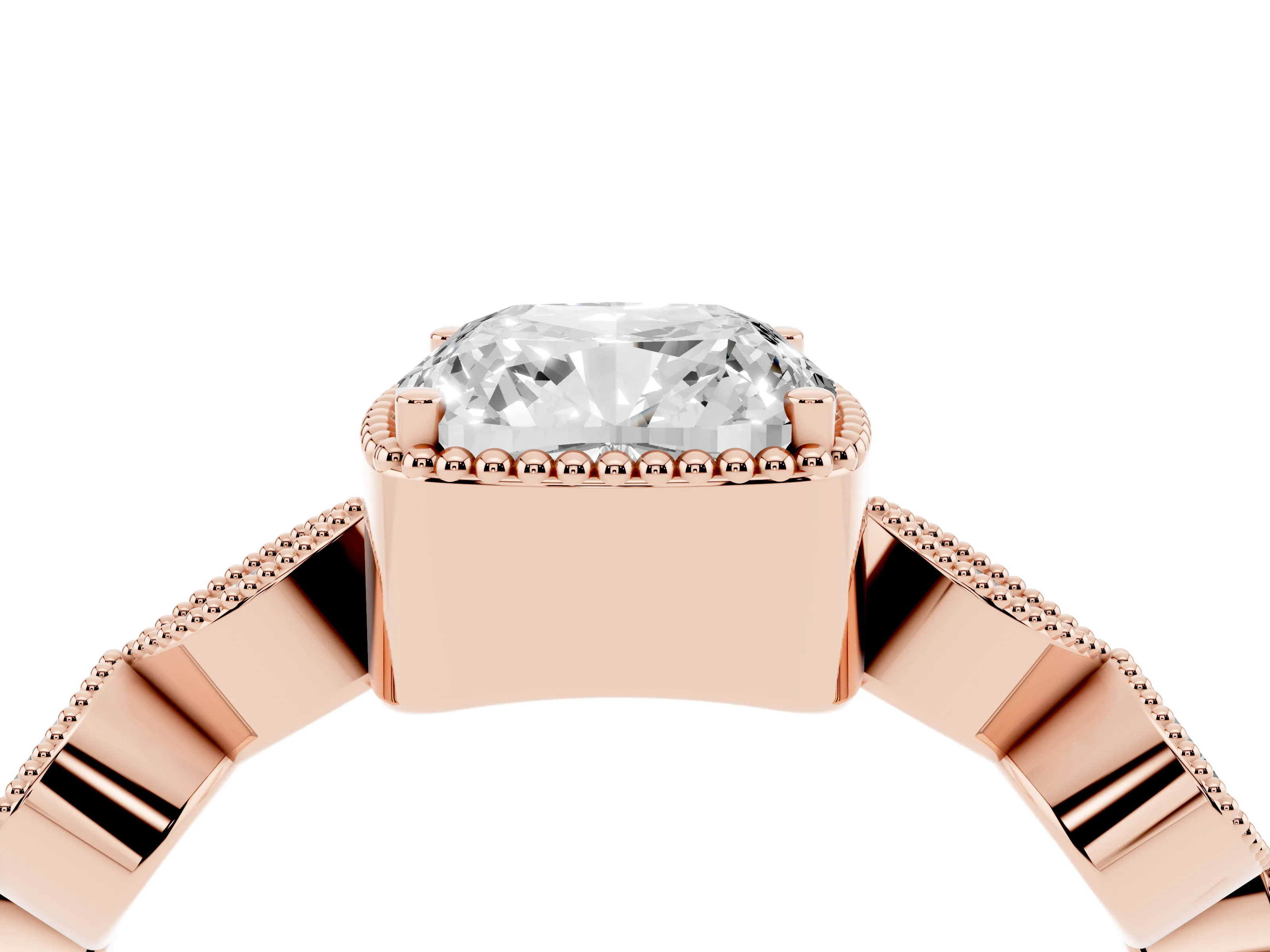 Cushion Cut Diamond Vintage-Inspired Milgrain Ring Set in Rose gold with Marquise Stations of Round Accents
