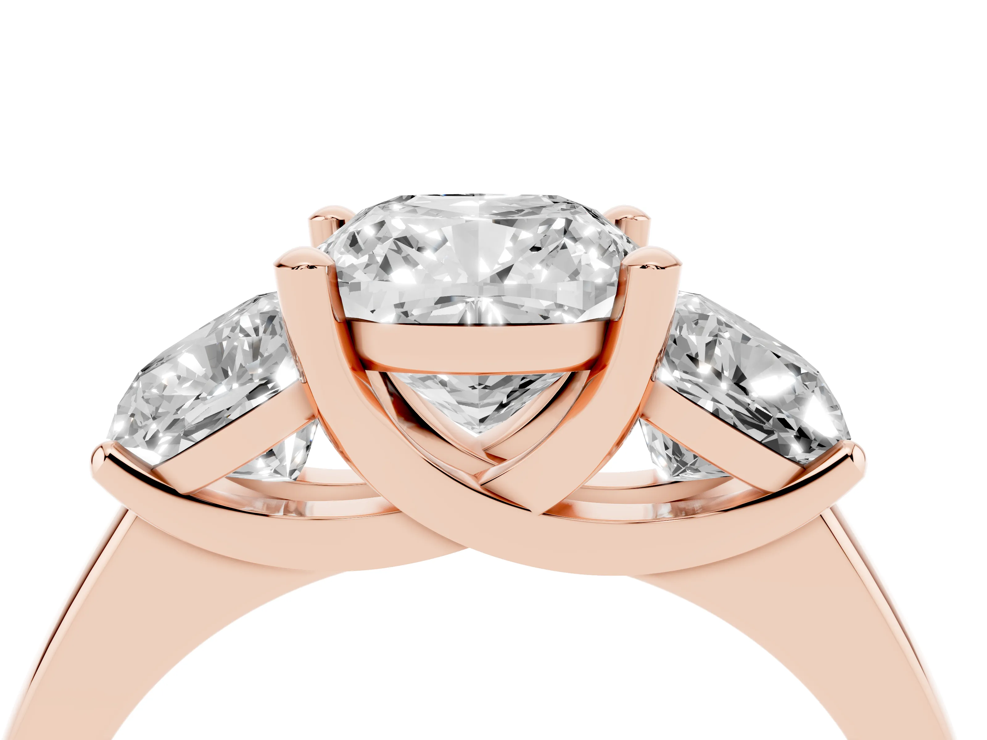 Cushion Cut Diamond Three-Stone Ring Set in Rose gold with Classic Prong Setting and Plain Band