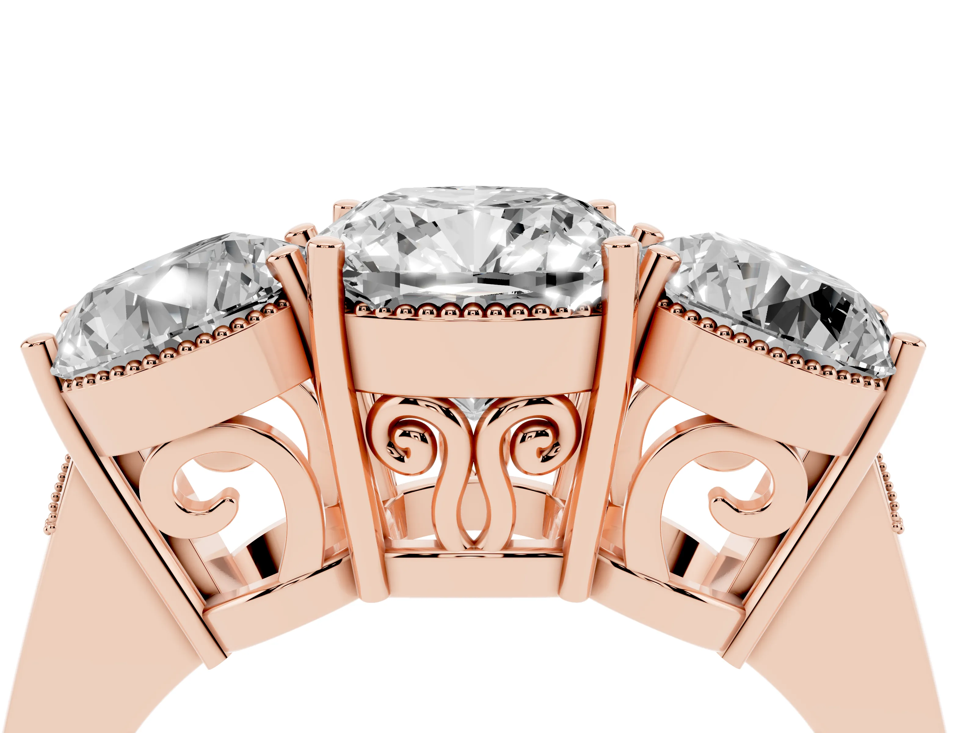 Cushion Cut Diamond Three-Stone Engagement Ring Set in Rose gold with Polished Band
