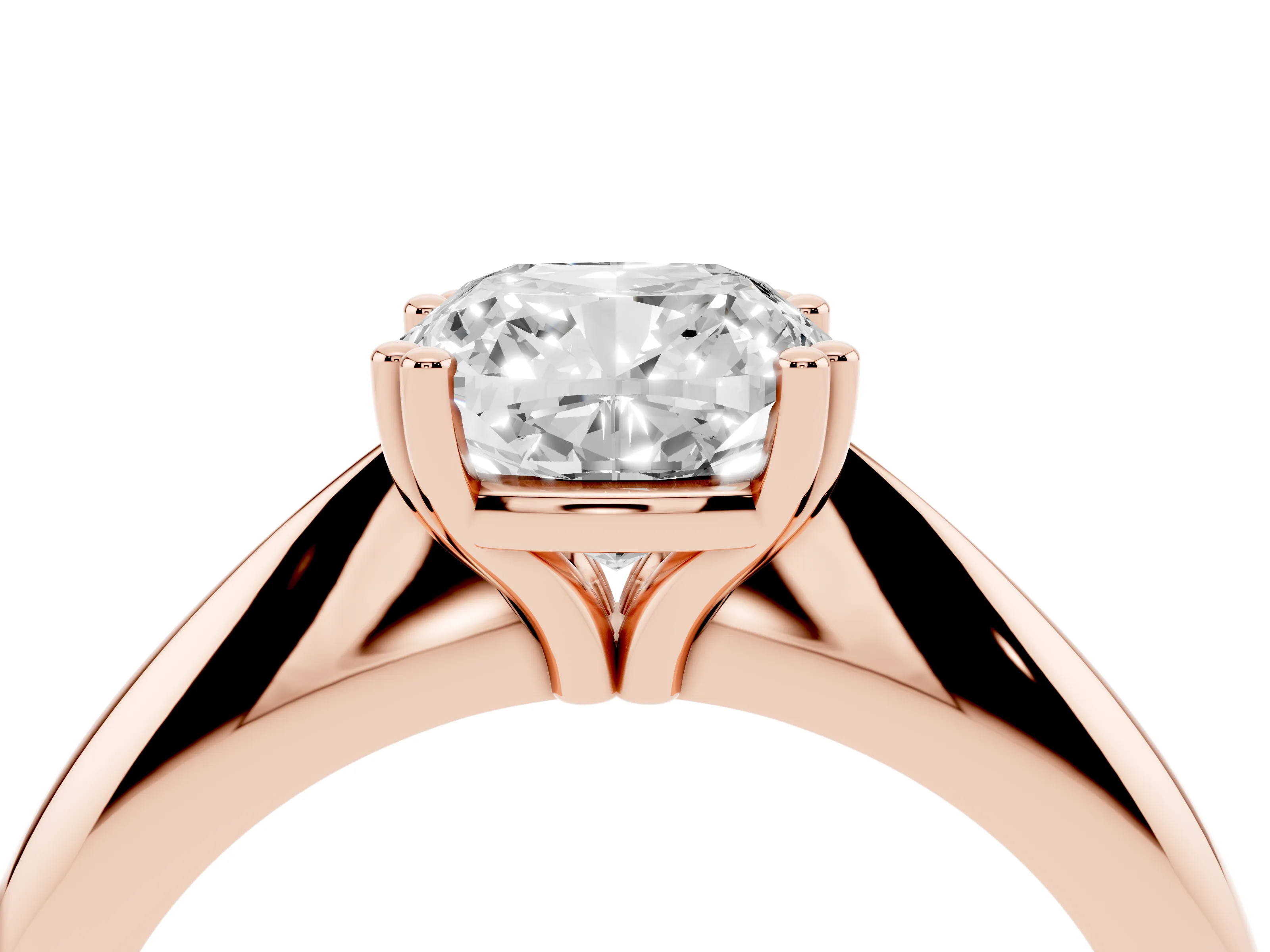 Cushion Cut Diamond Solitaire Engagement Ring Set in Rose gold with Tapered Band and Prong Setting