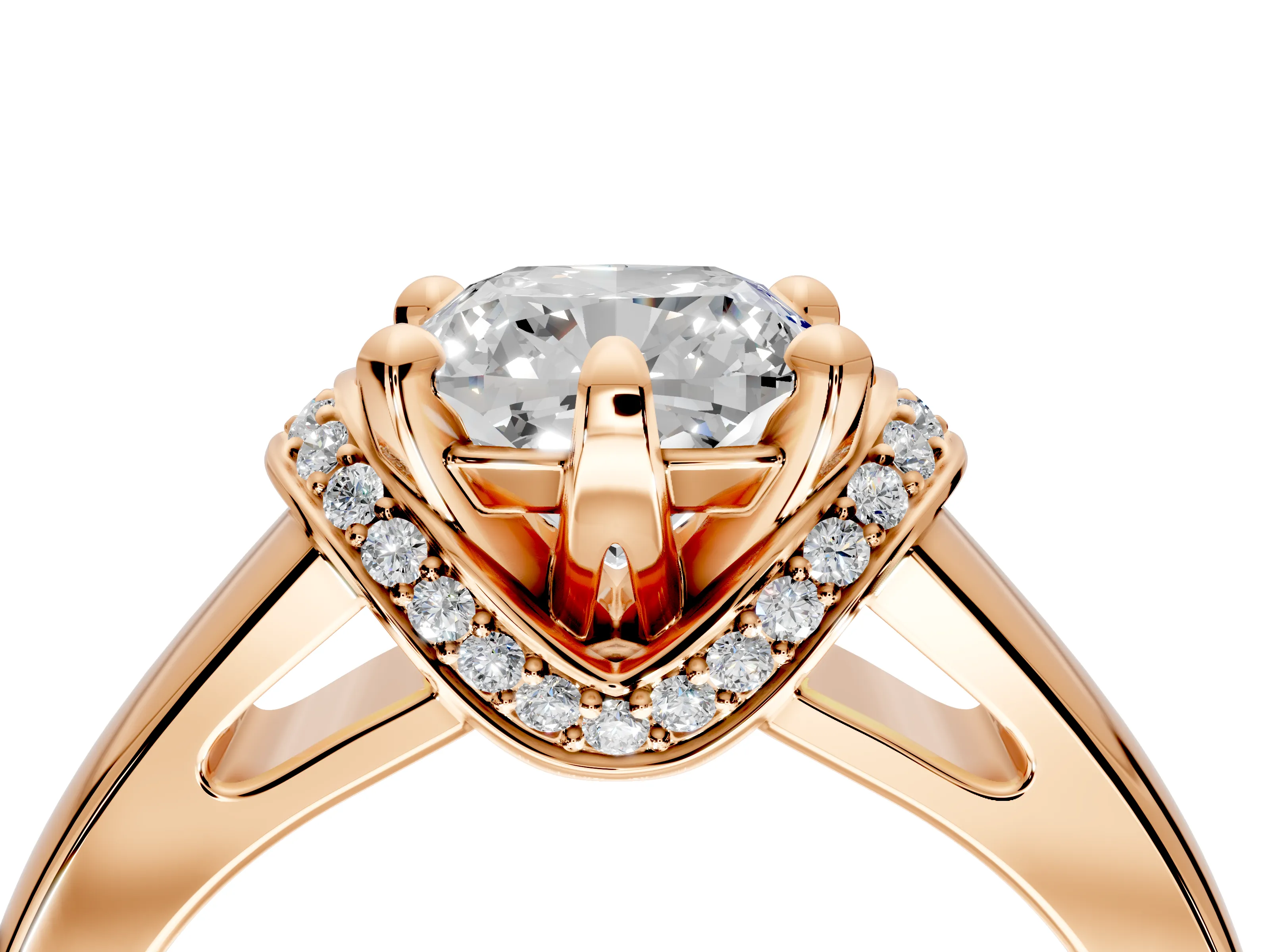 Solitaire Engagement Ring Setting for Cushion Cut Center with Wide Band, Pave Collar and Prong Head in Rose Gold