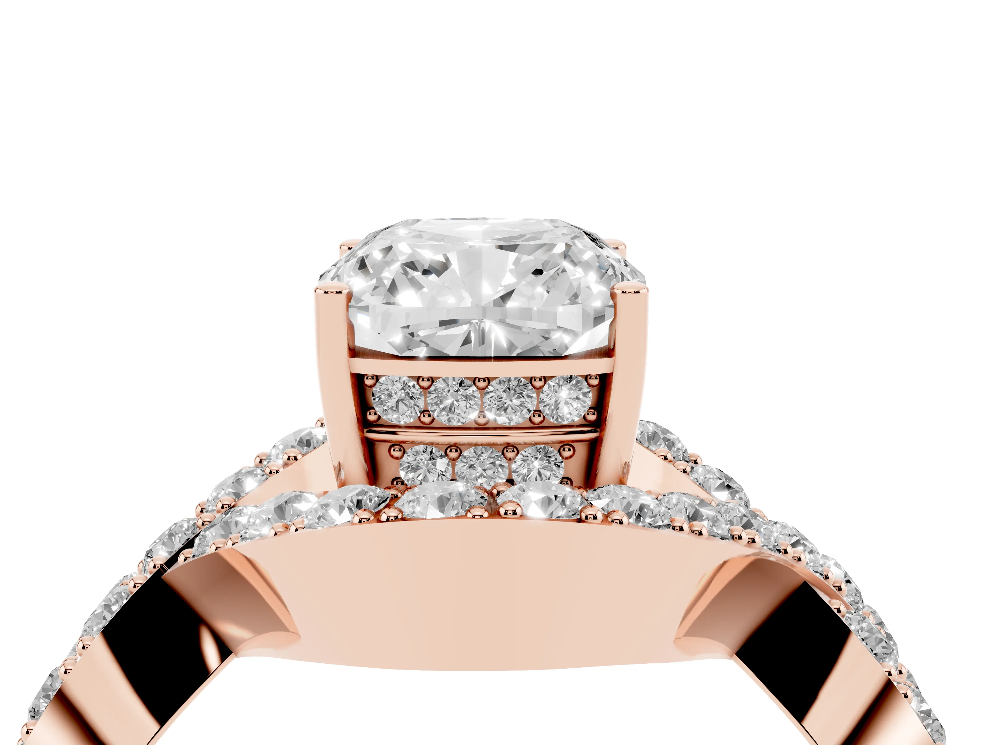 Cushion Cut Diamond Solitaire Twist Band Pavé Engagement Ring Set in Rose gold