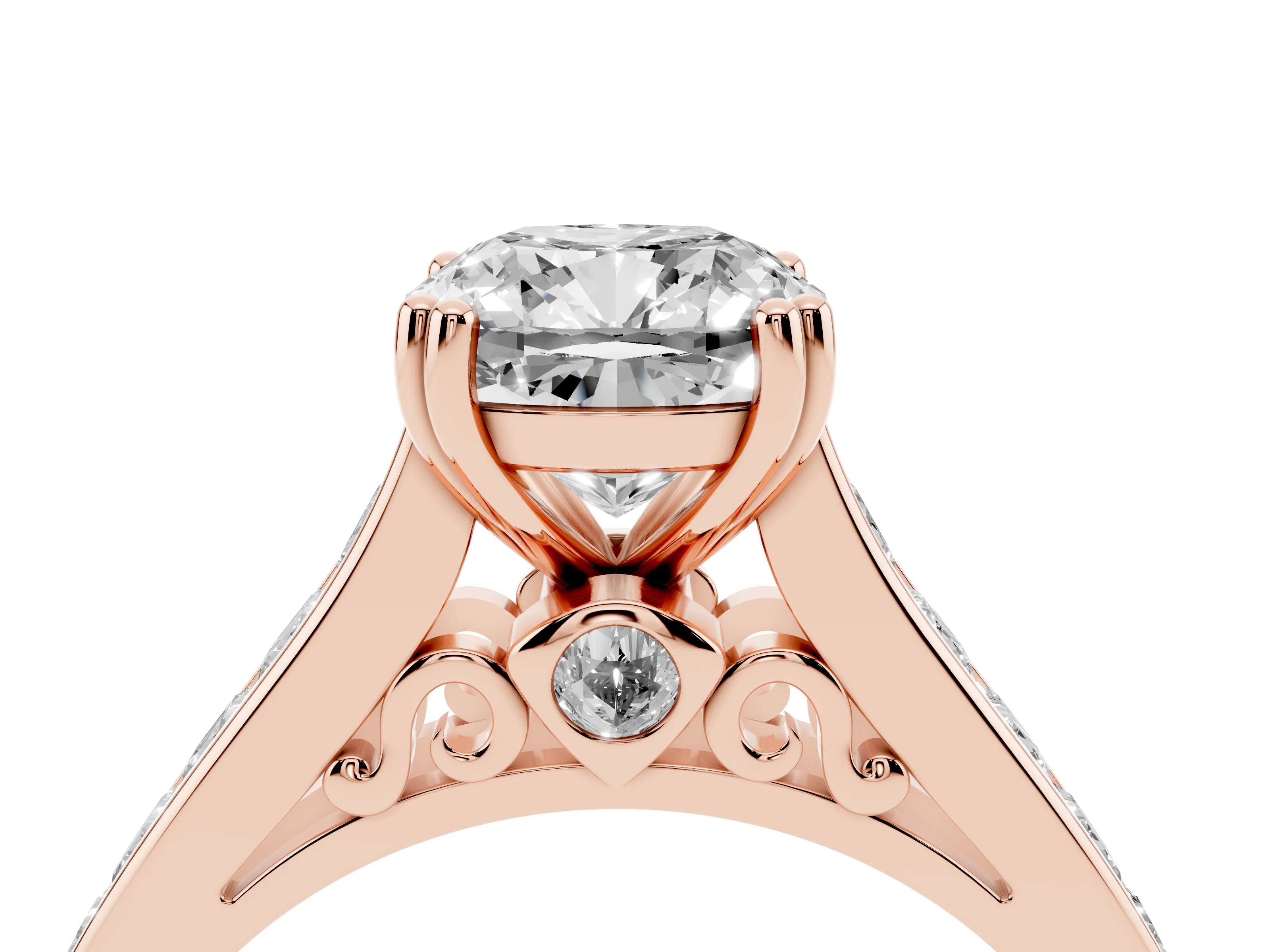 Cushion Cut Diamond Channel Set Solitaire Engagement Ring Set in Rose gold with Prong Setting