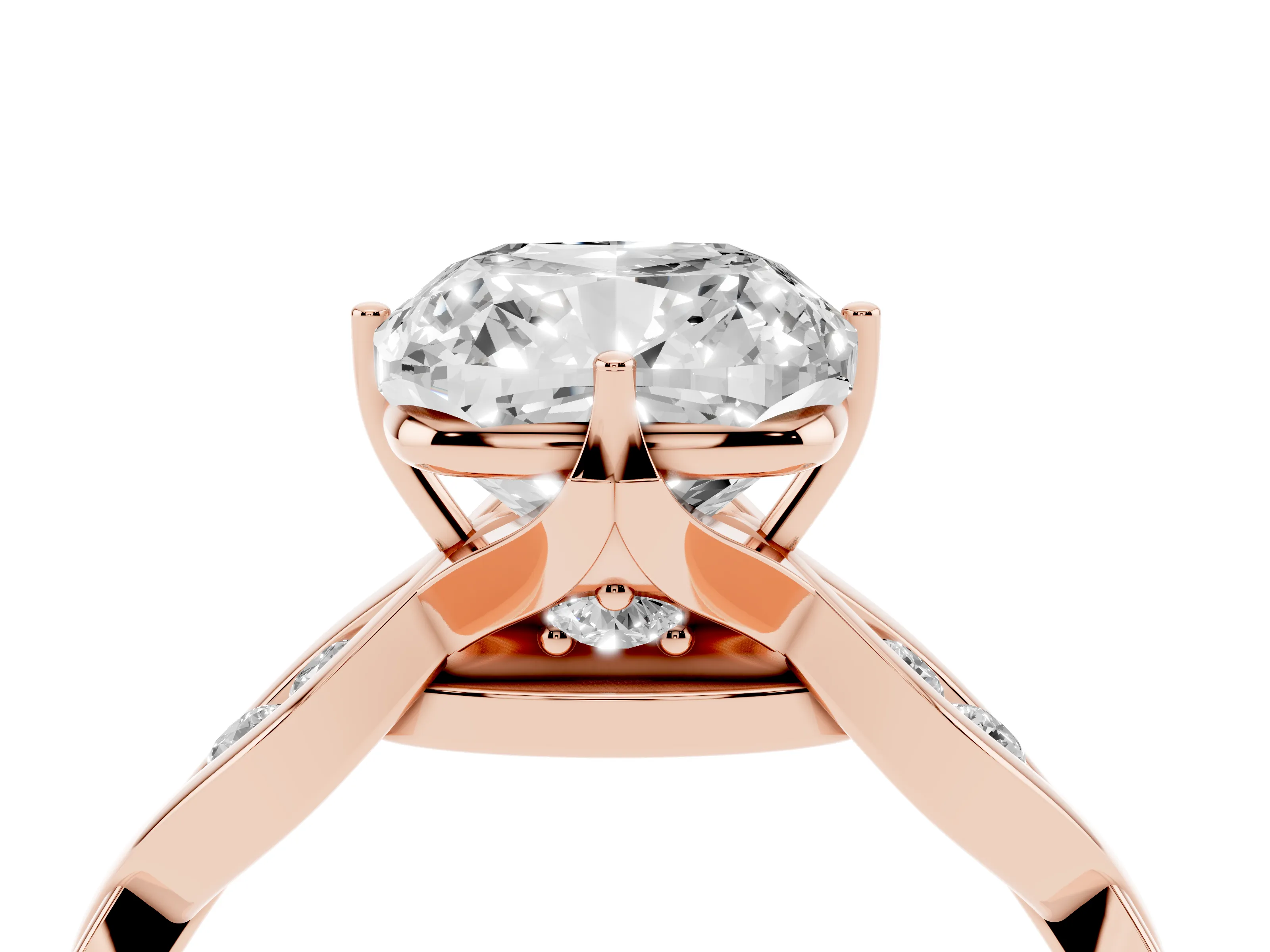 Cushion Cut Diamond Twist Band Solitaire Ring Set in Rose gold with Leaf Prong Setting and Accent Stones