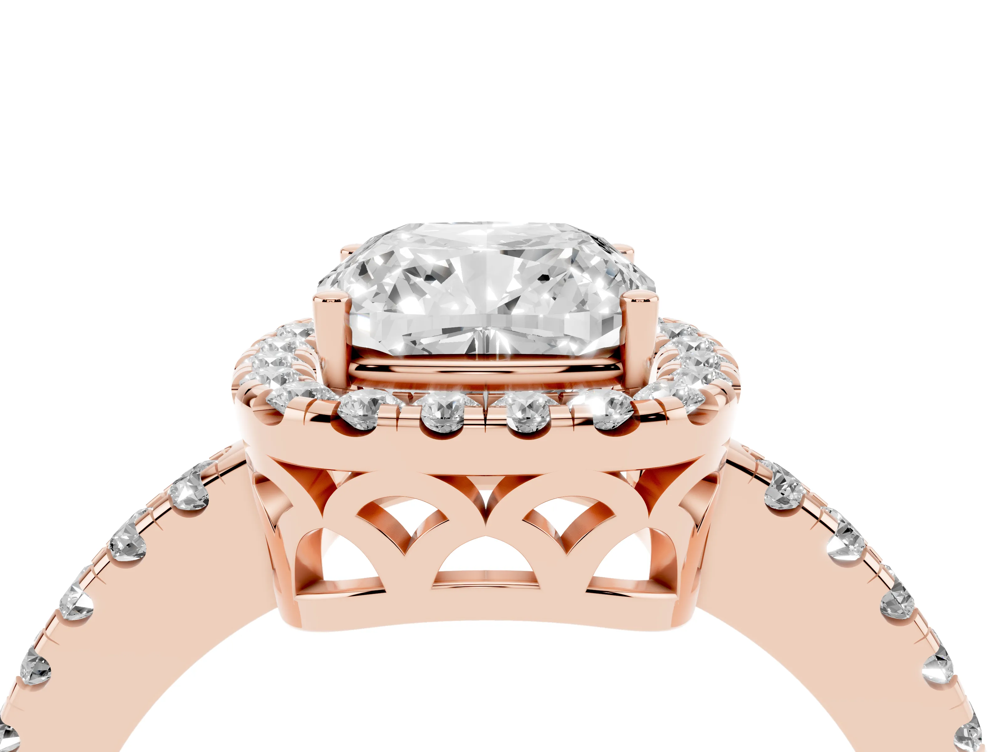 Cushion Cut Diamond Pavé Band Halo Engagement Ring Set in Rose gold with Prong Setting