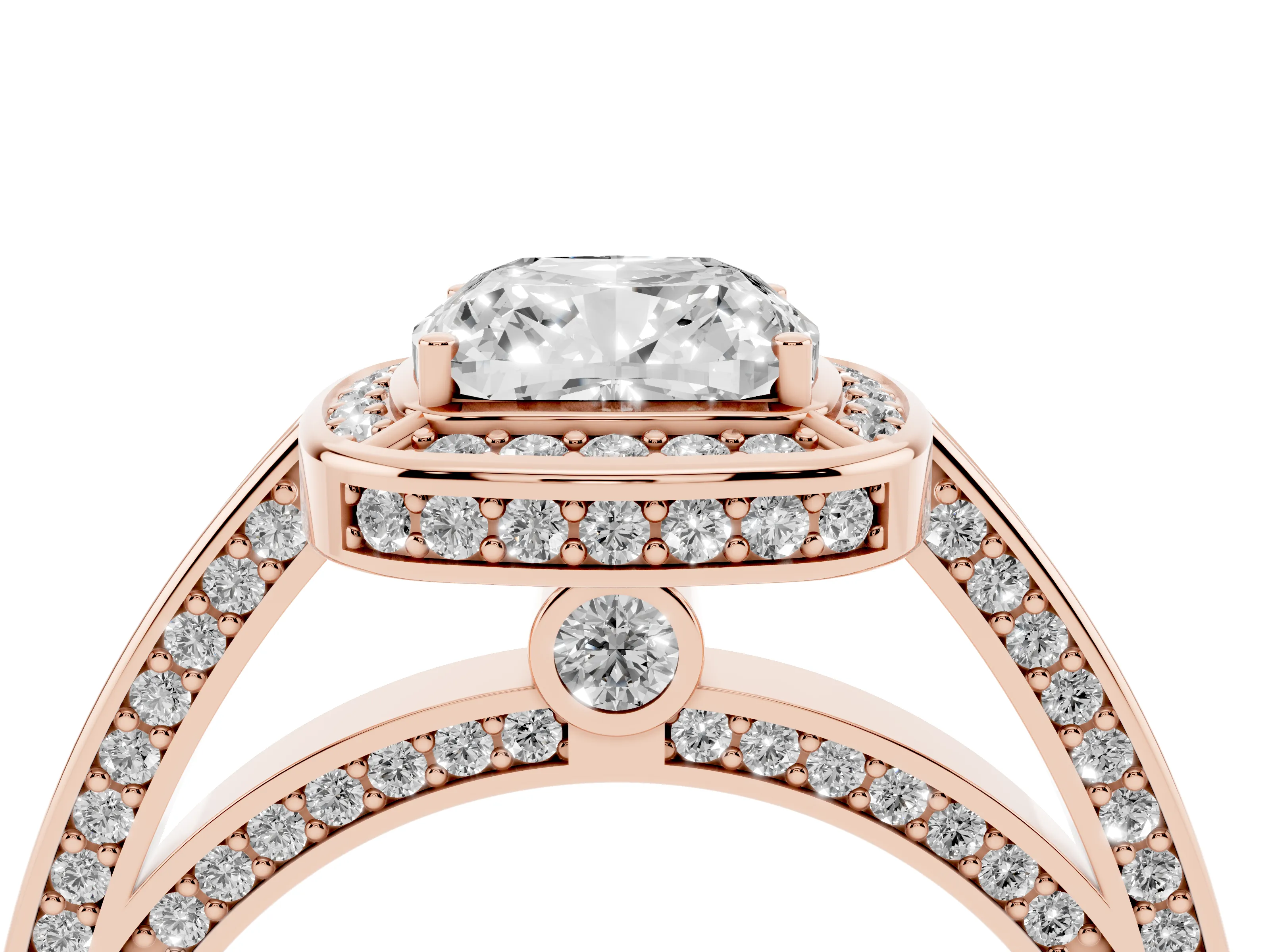 Cushion Cut Diamond Halo Pavé Split Shank Ring Set in Rose gold with Prong Setting