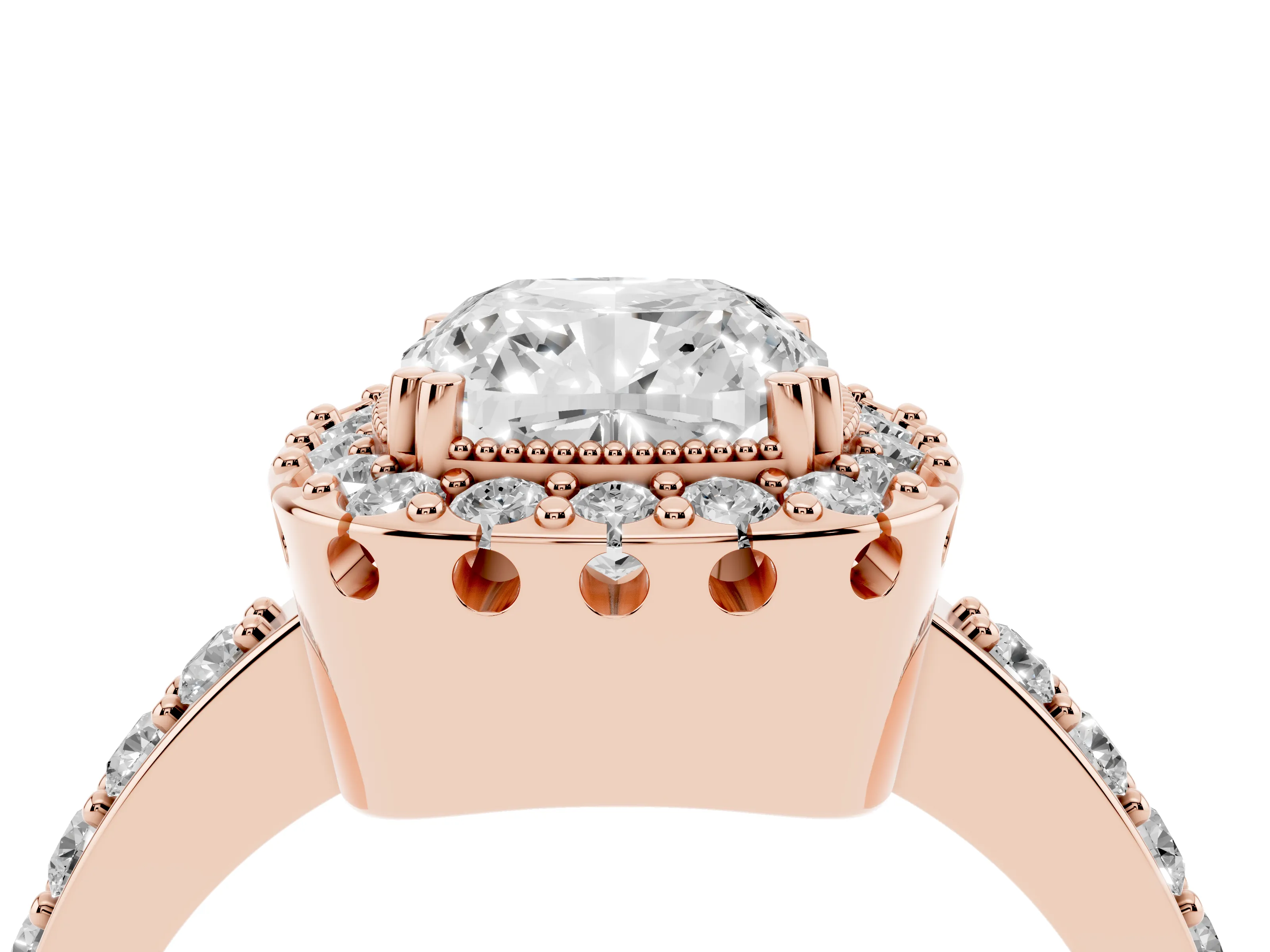 Cushion Cut Diamond Halo Ring Set in Rose gold with Pavé Shank and Prong Setting
