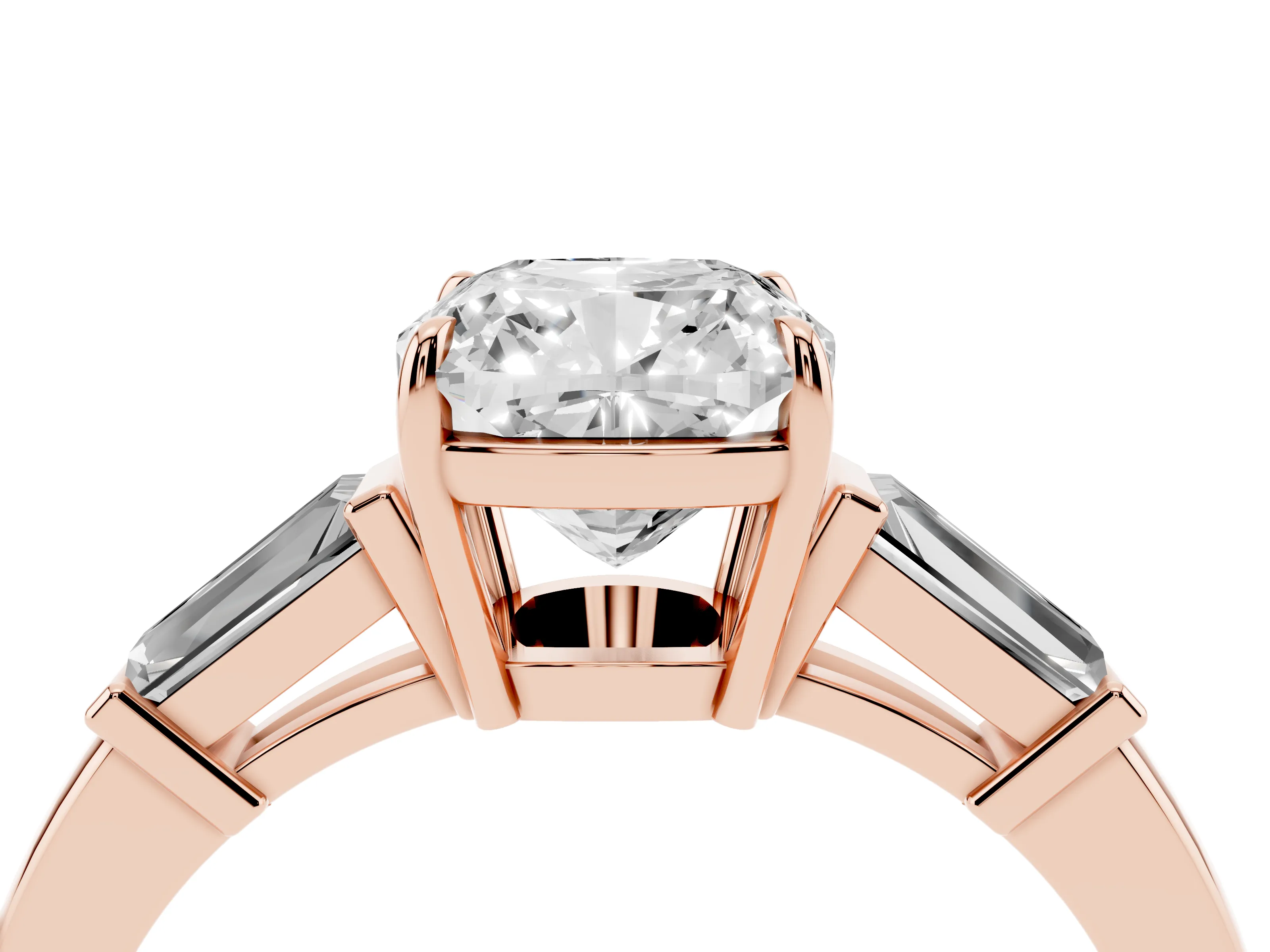 Cushion Cut Diamond Three-Stone Ring Set in Rose gold with Tapered Baguette Side Stones and Prong Setting