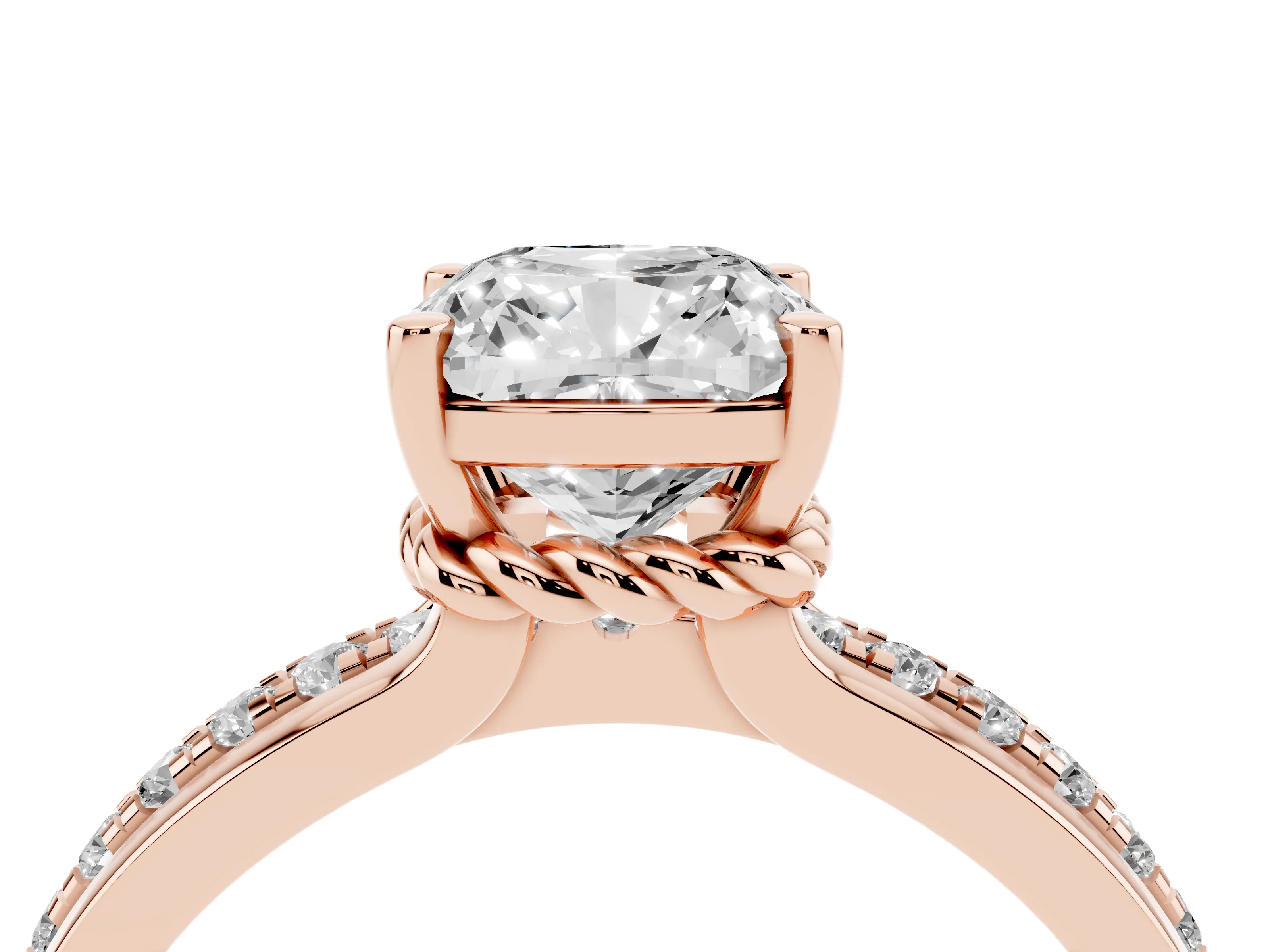 Cushion Cut Diamond Solitaire Ring Set in Rose gold with Channel Set Band and Prong Setting