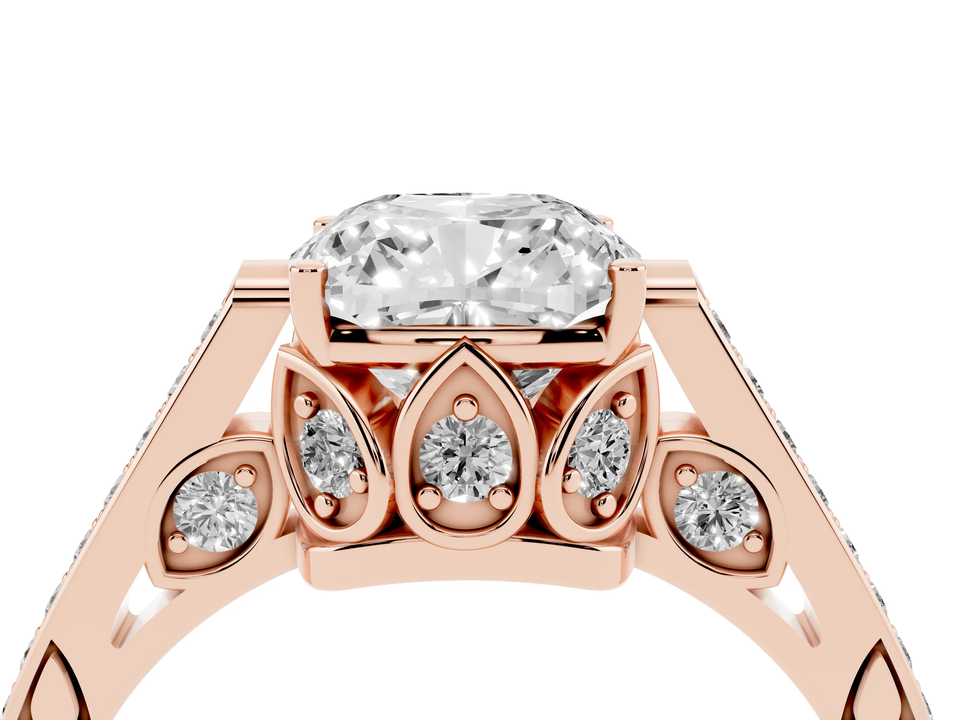 Cushion Cut Diamond Cathedral Pavé Engagement Ring Set in Rose gold with Prong Setting