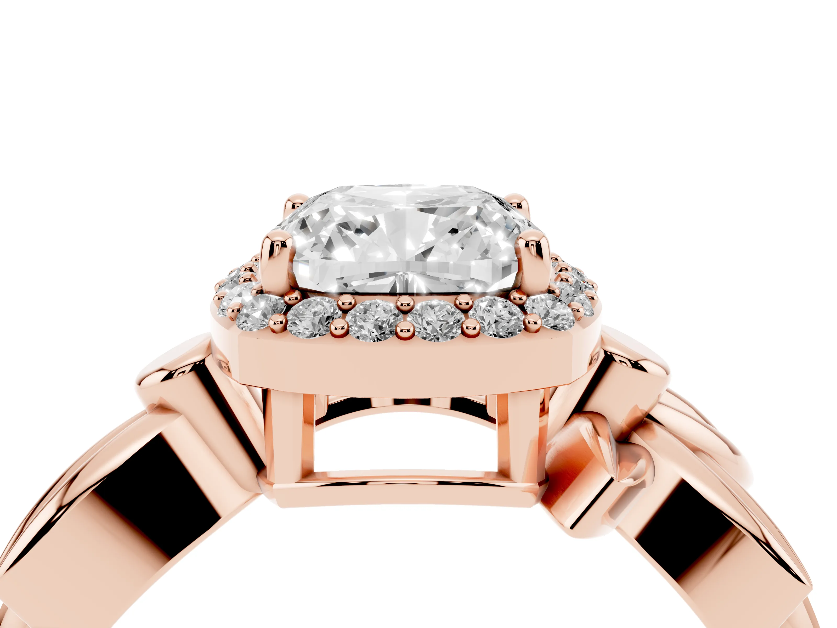 Cushion Cut Diamond Halo Floral Band Ring Set in Rose gold with Prong Setting