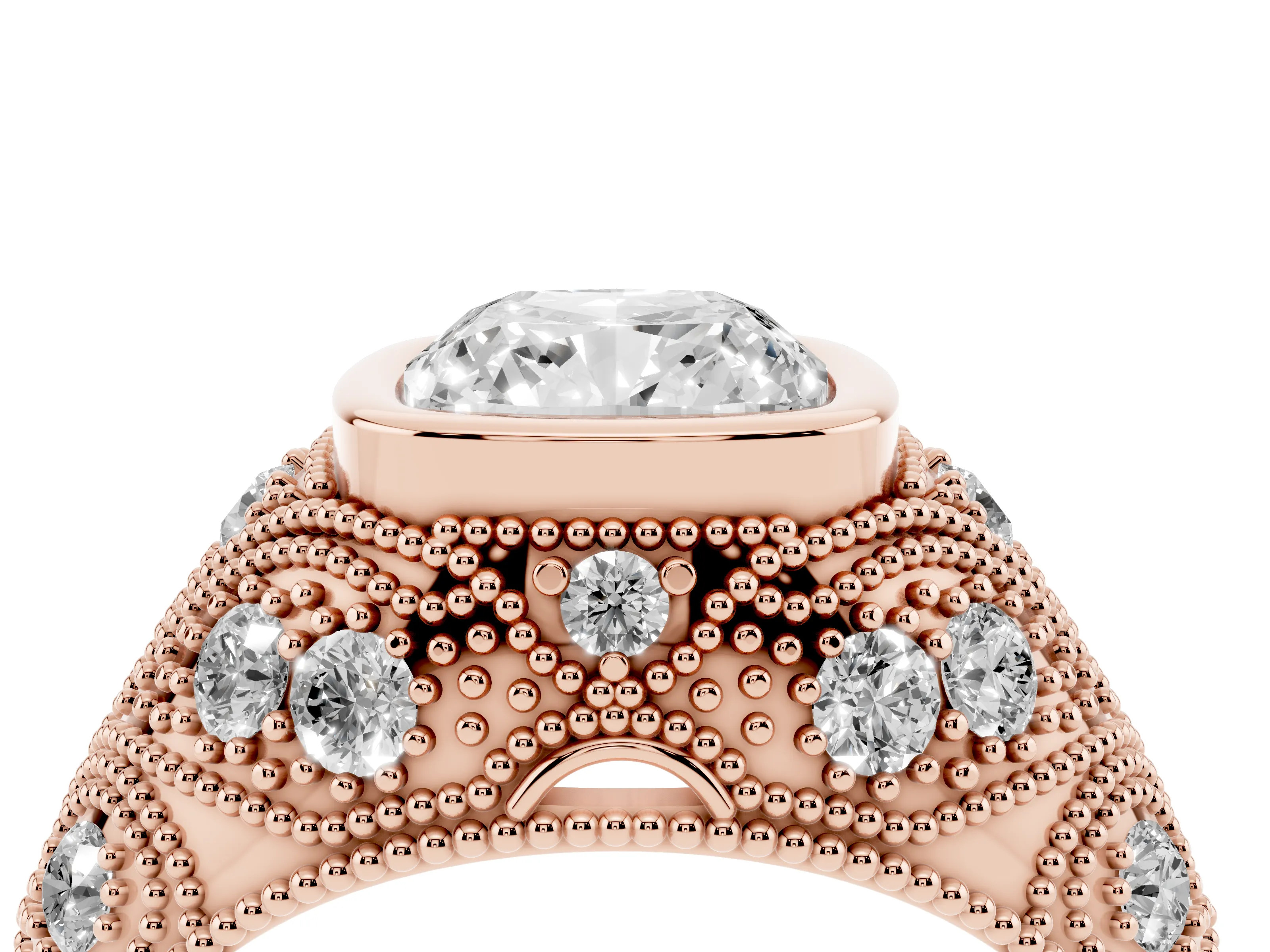 Cushion Cut Diamond Bezel Ring Set in Rose gold with Milgrain Accent Band