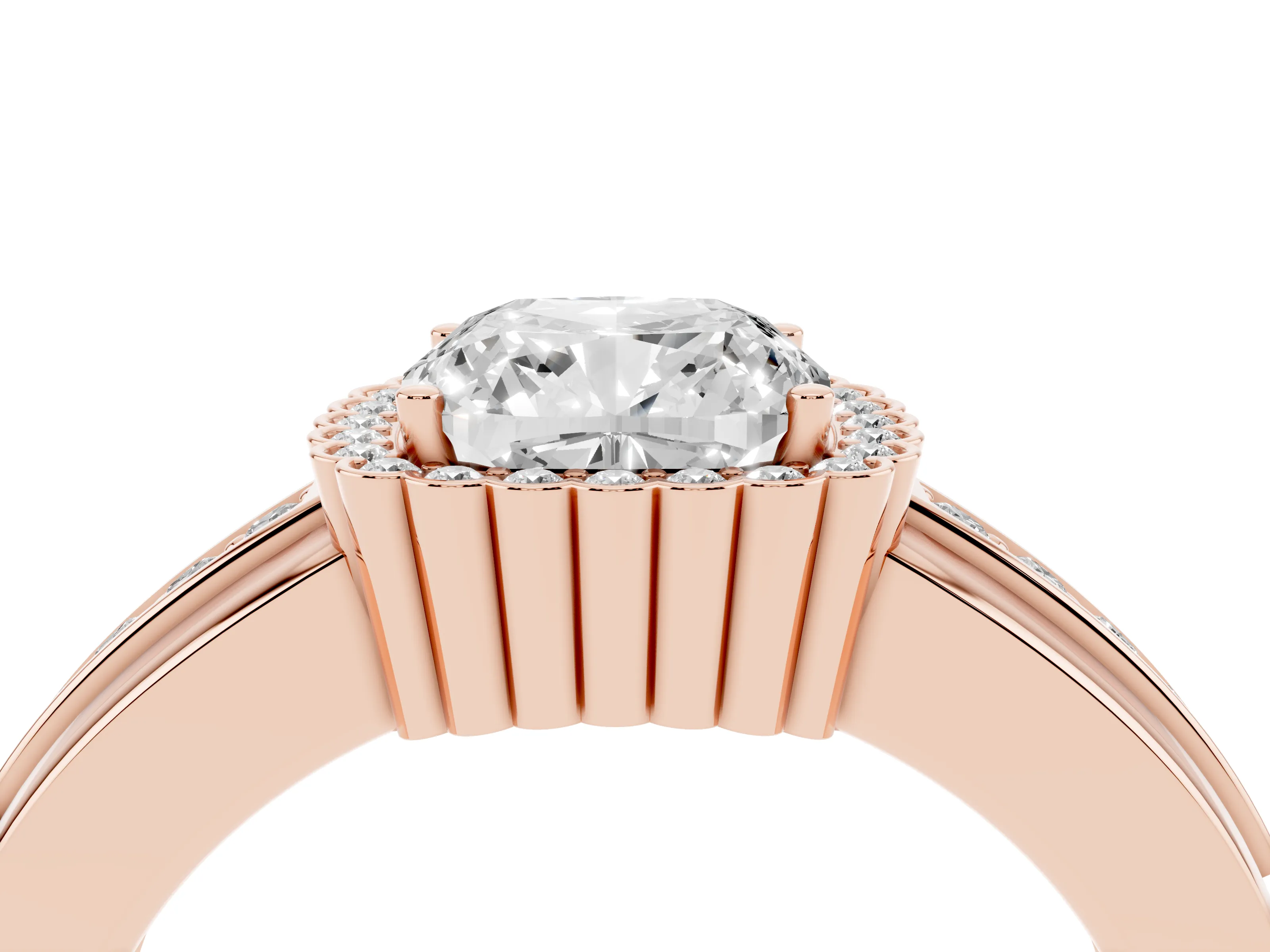Cushion Cut Diamond Halo Prong Ring Set in Rose gold with Pavé Band