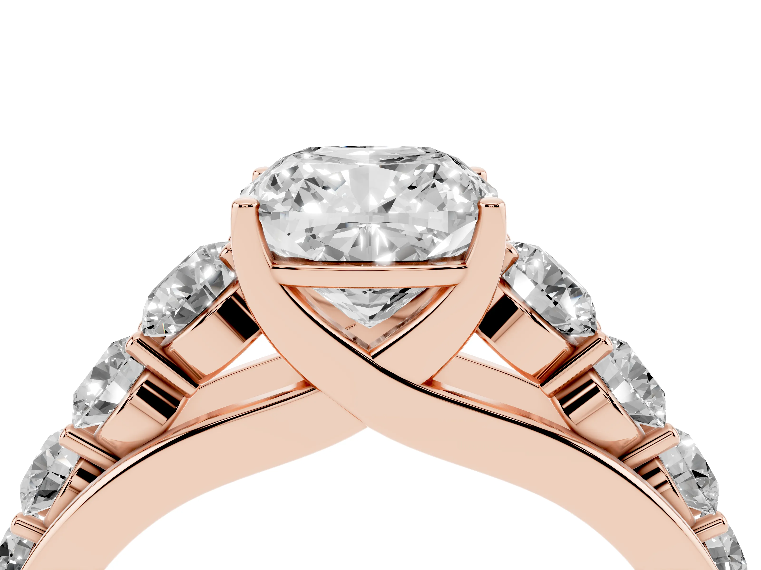 Cushion Cut Diamond Solitaire Ring Set in Rose gold with Pavé-Set Band and Prong Setting
