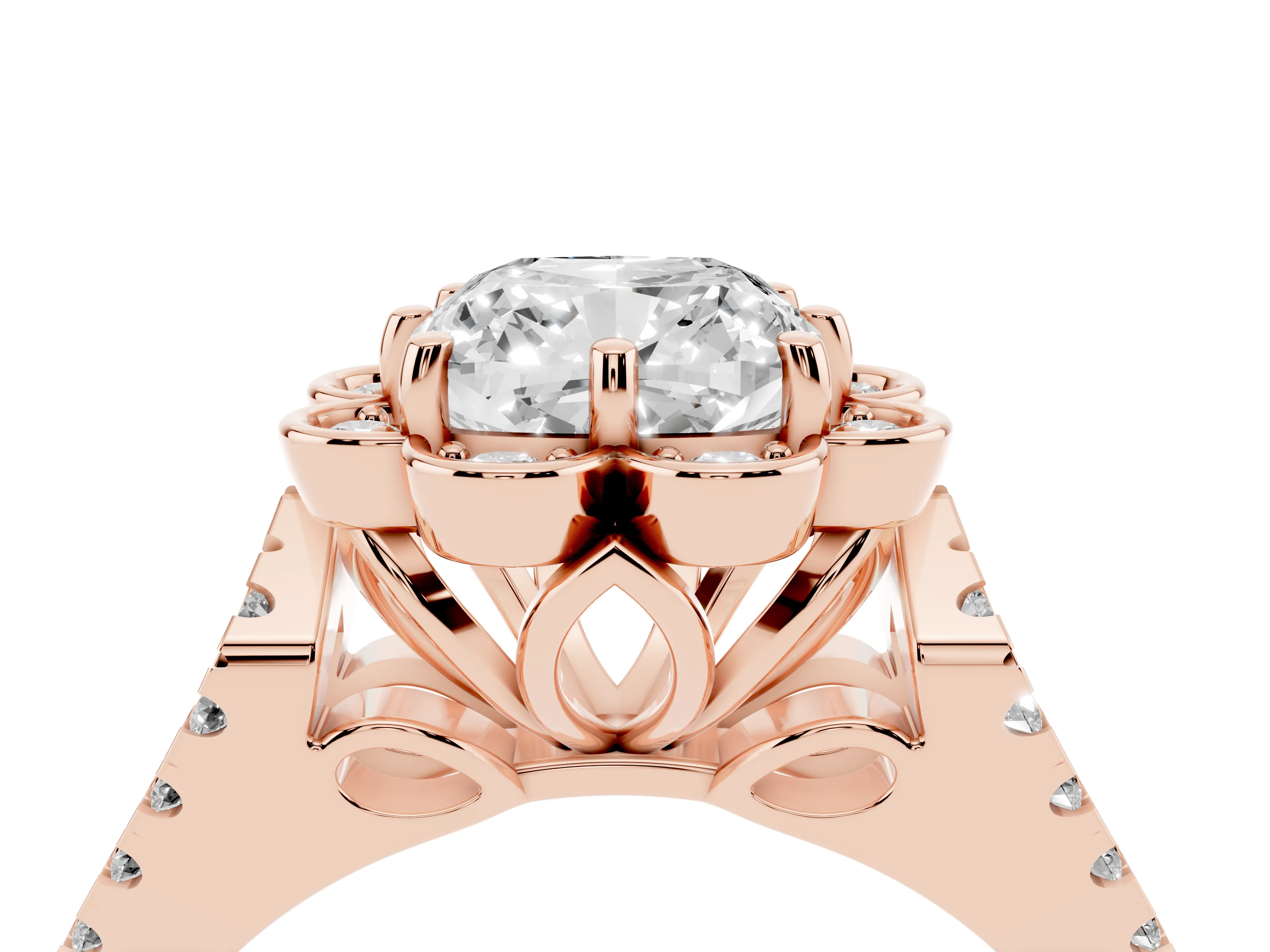 Cushion Cut Diamond Floral Halo Split Shank Engagement Ring Set in Rose gold with Pavé Shank