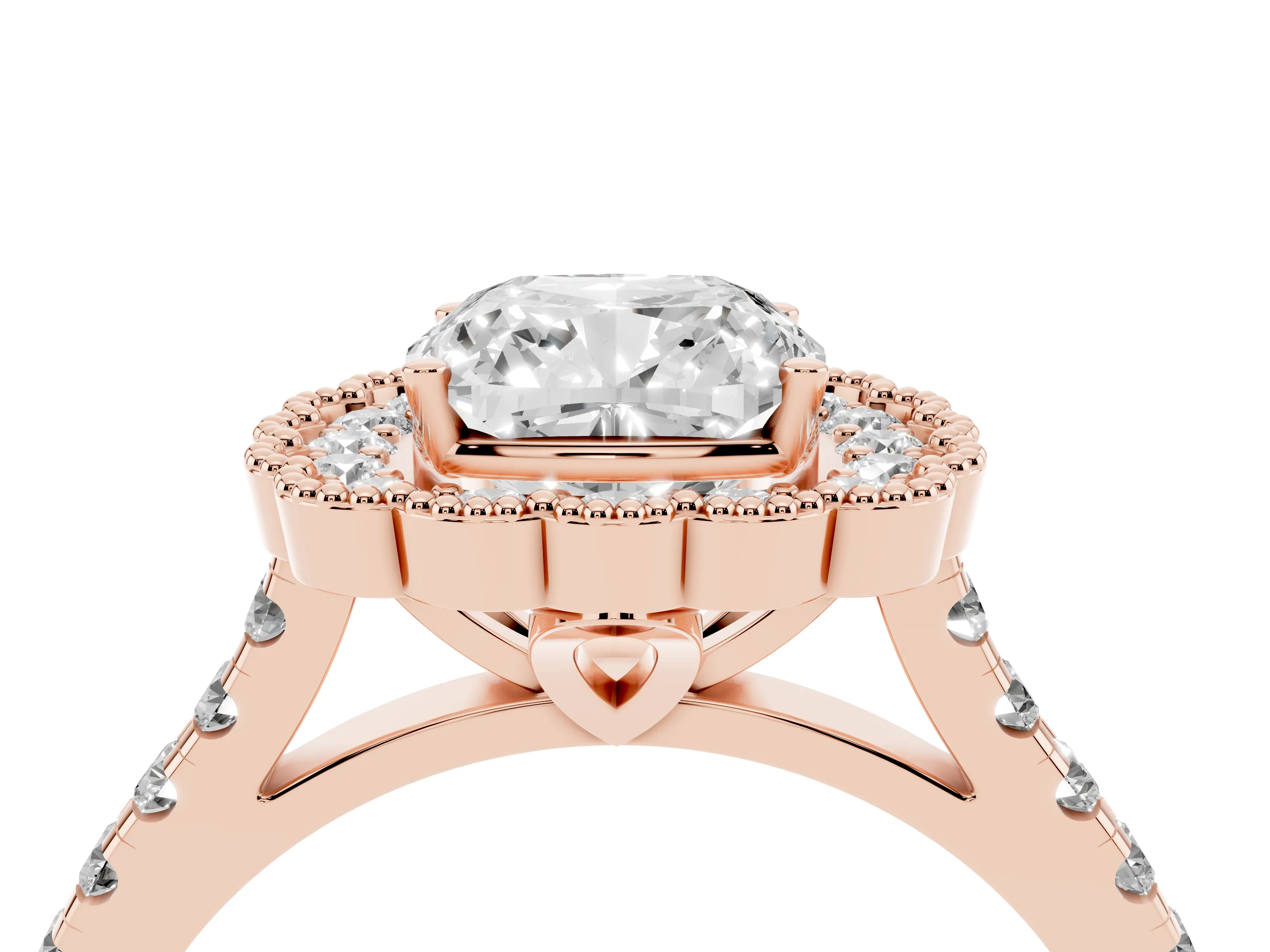 Cushion Cut Diamond Milgrain Floral Halo Engagement Ring Set in Rose gold with Pavé Band