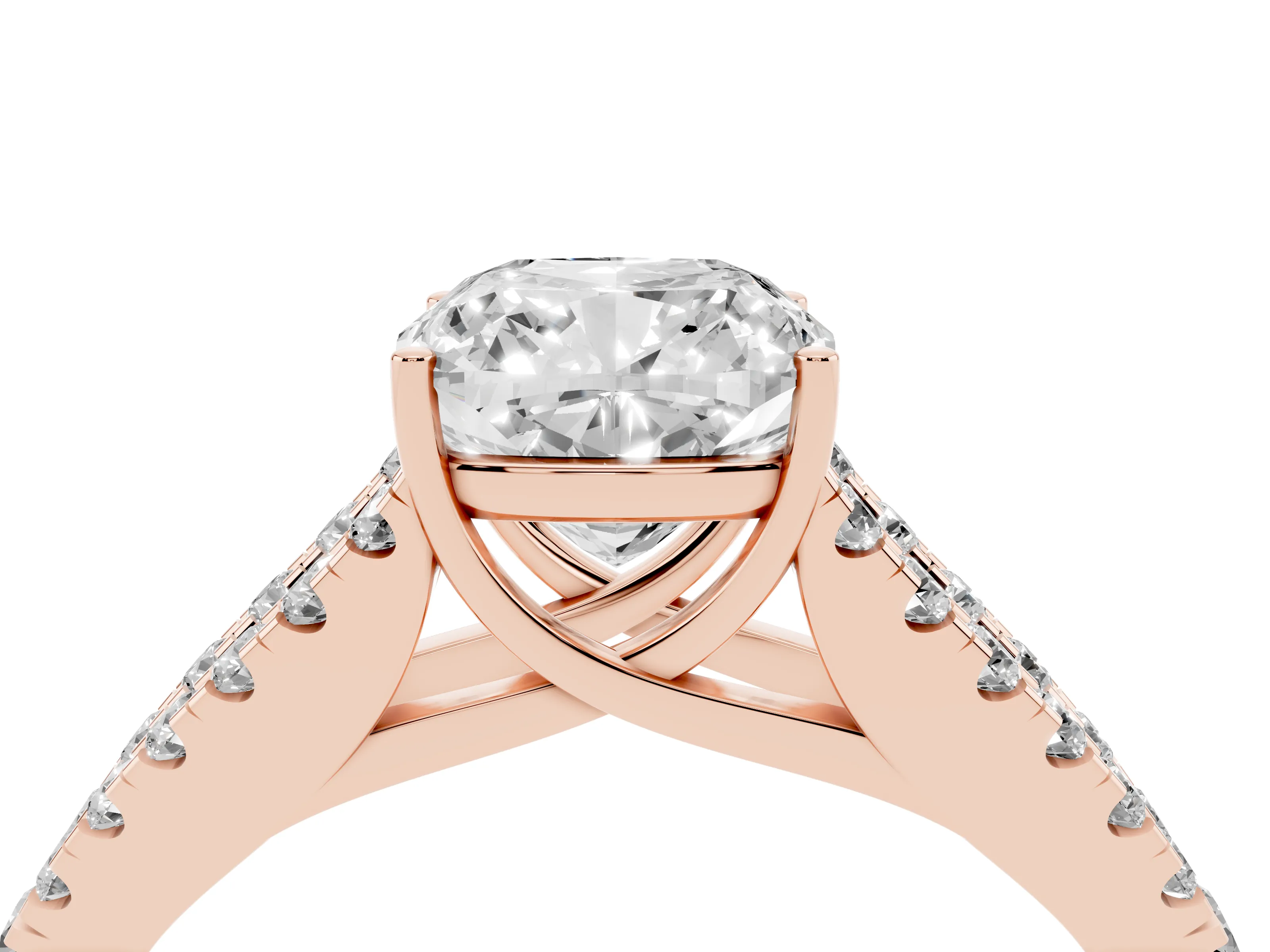 Cushion Cut Diamond Split Shank Pavé Engagement Ring Set in Rose gold with Prong-Held Center Stone