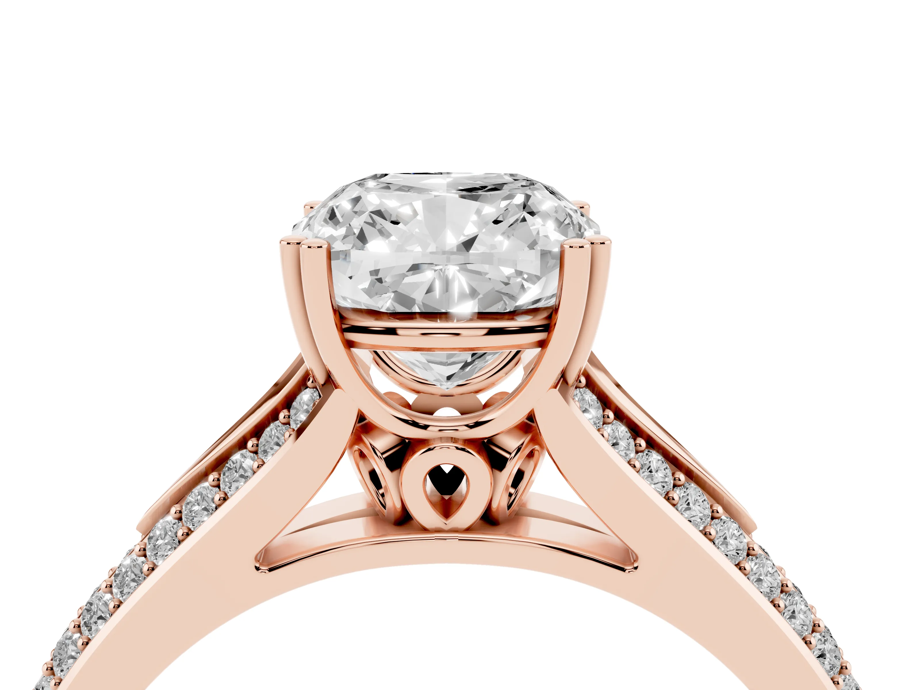 Cushion Cut Diamond Split Shank Pavé Engagement Ring Set in Rose gold with Prong-Set Center Stone