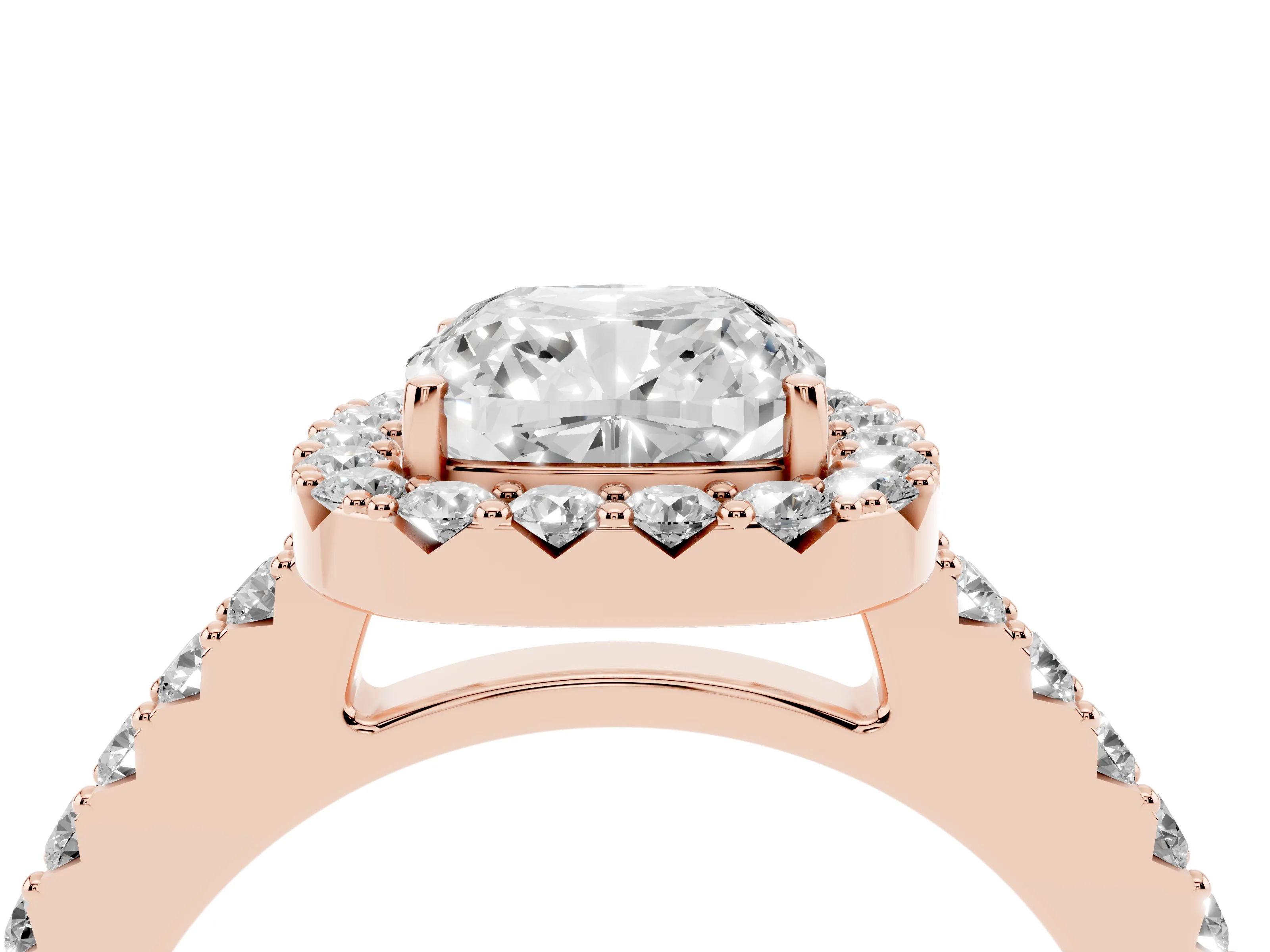 Cushion Cut Diamond Halo Pavé Solitaire Ring Set in Rose gold with Prong-Set Center Stone