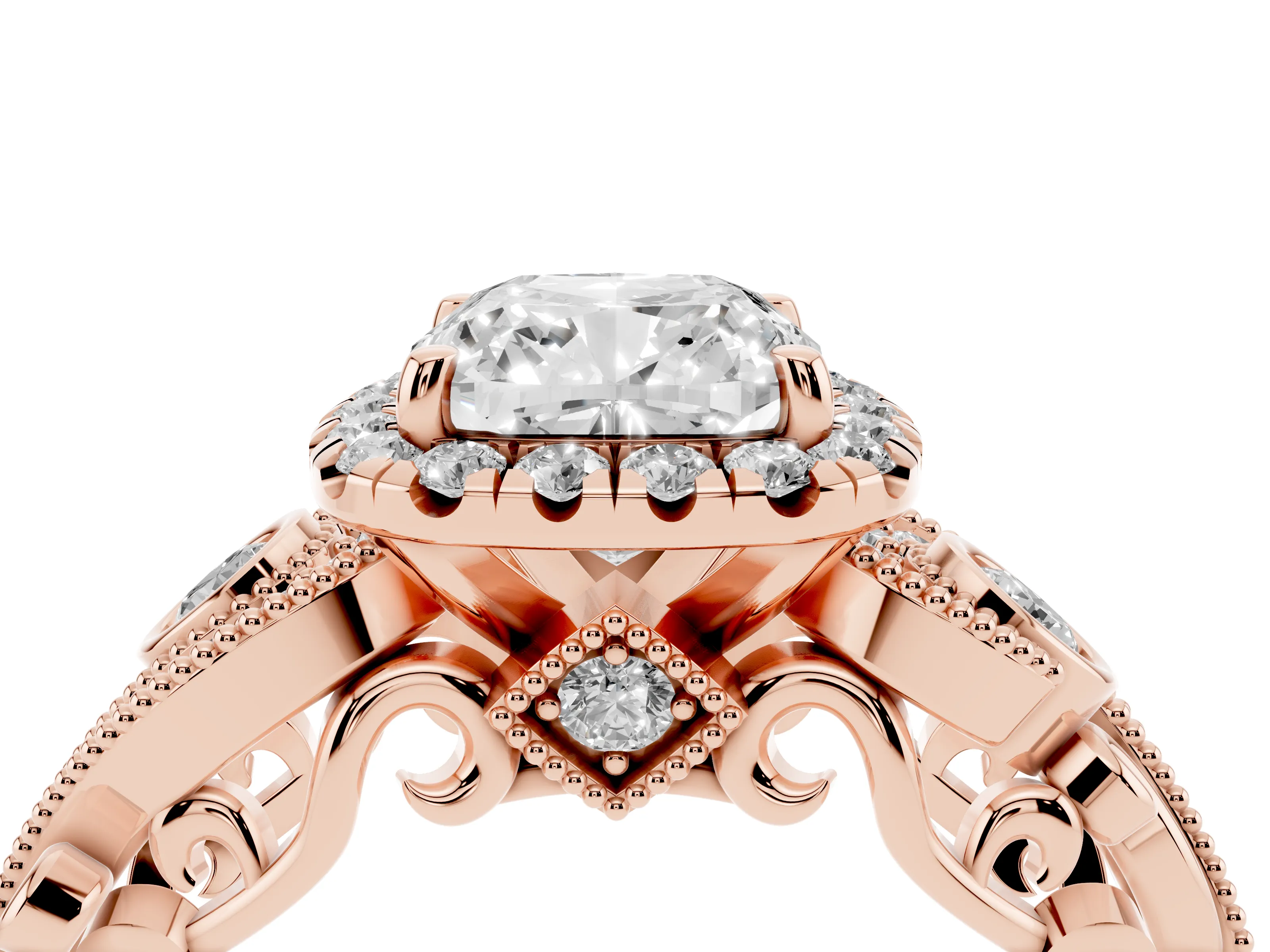 Cushion Cut Diamond Halo Ring Set in Rose gold with Milgrain Pavé Band and Prong Setting