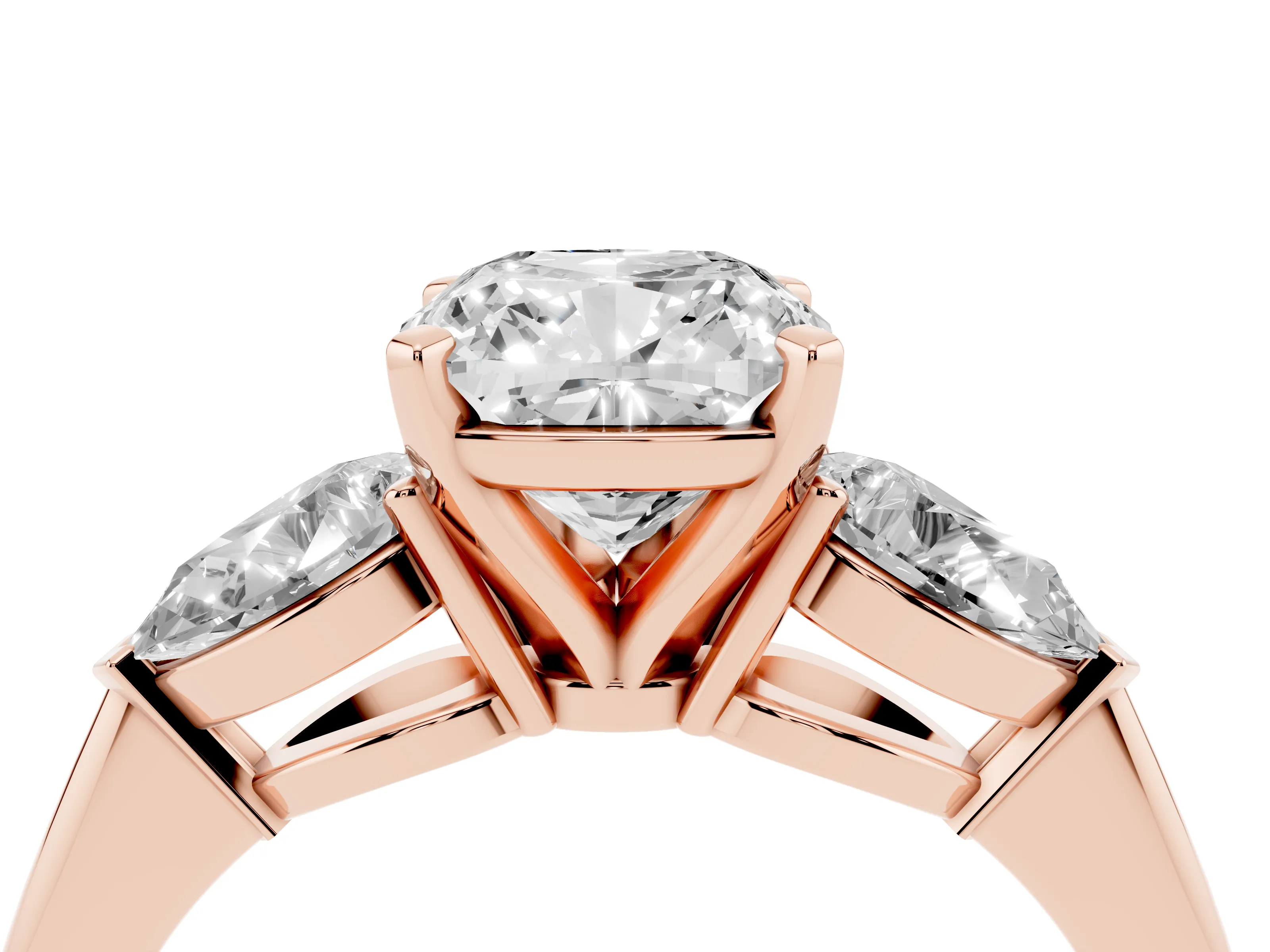 Three-Stone Cushion Cut Diamond Ring Set in Rose gold with Pear Side Stones and Prong Setting