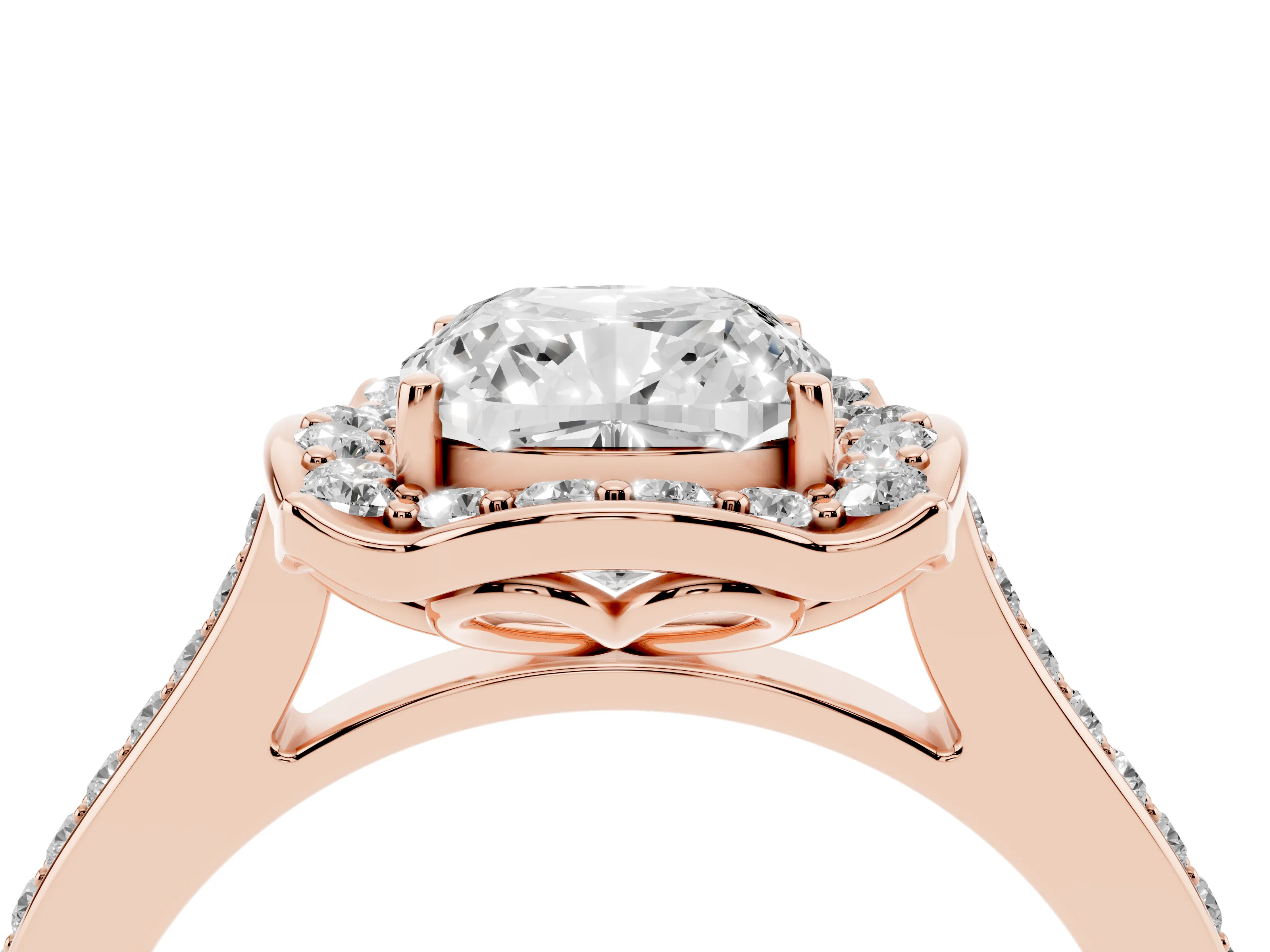 Cushion Cut Diamond Halo Ring Set in Rose gold with Pavé-Lined Shoulders and Prong Setting