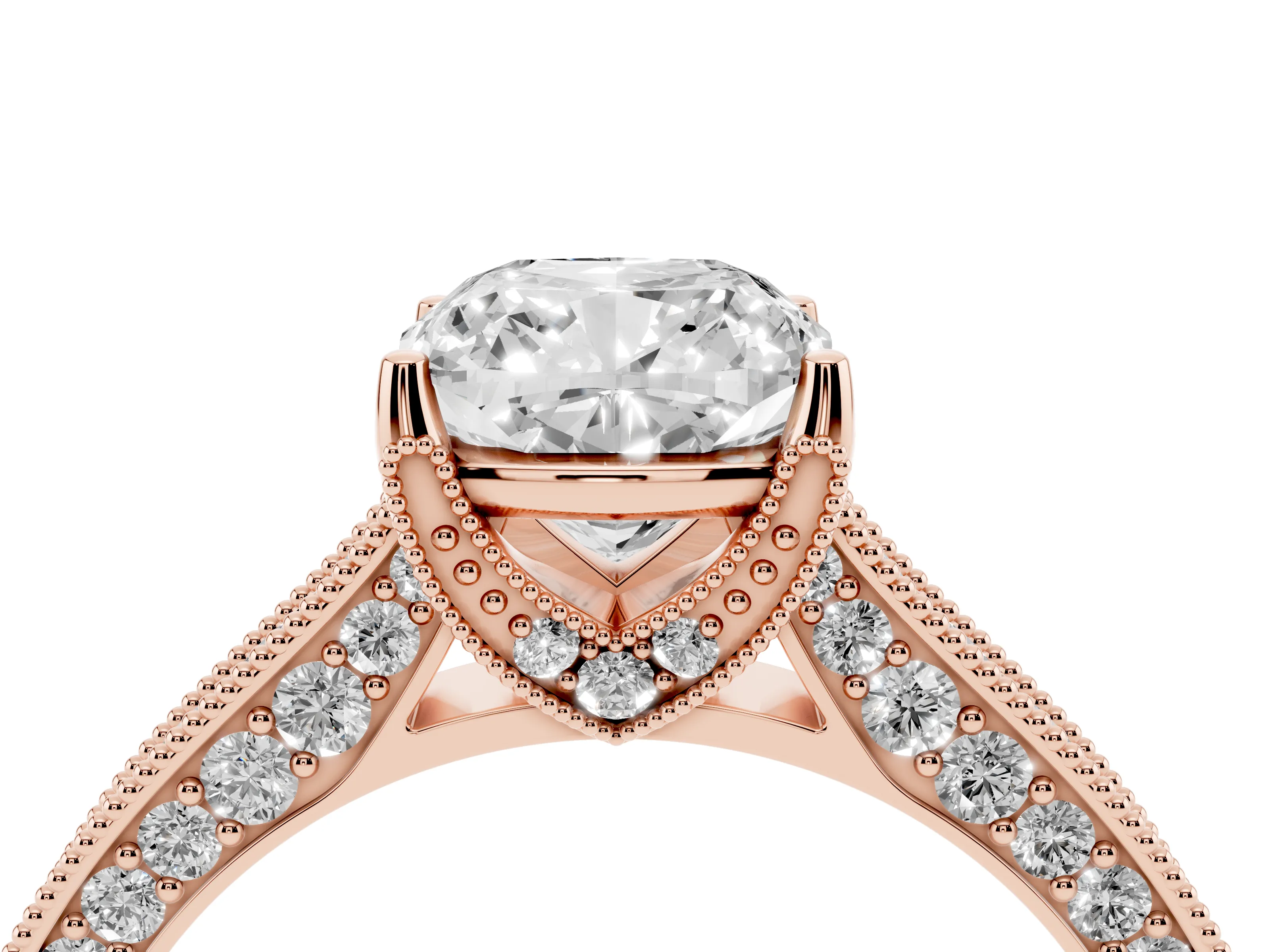 Cushion Cut Diamond Solitaire Ring Set in Rose gold with Milgrain-Edged Pavé Band and Prong Setting