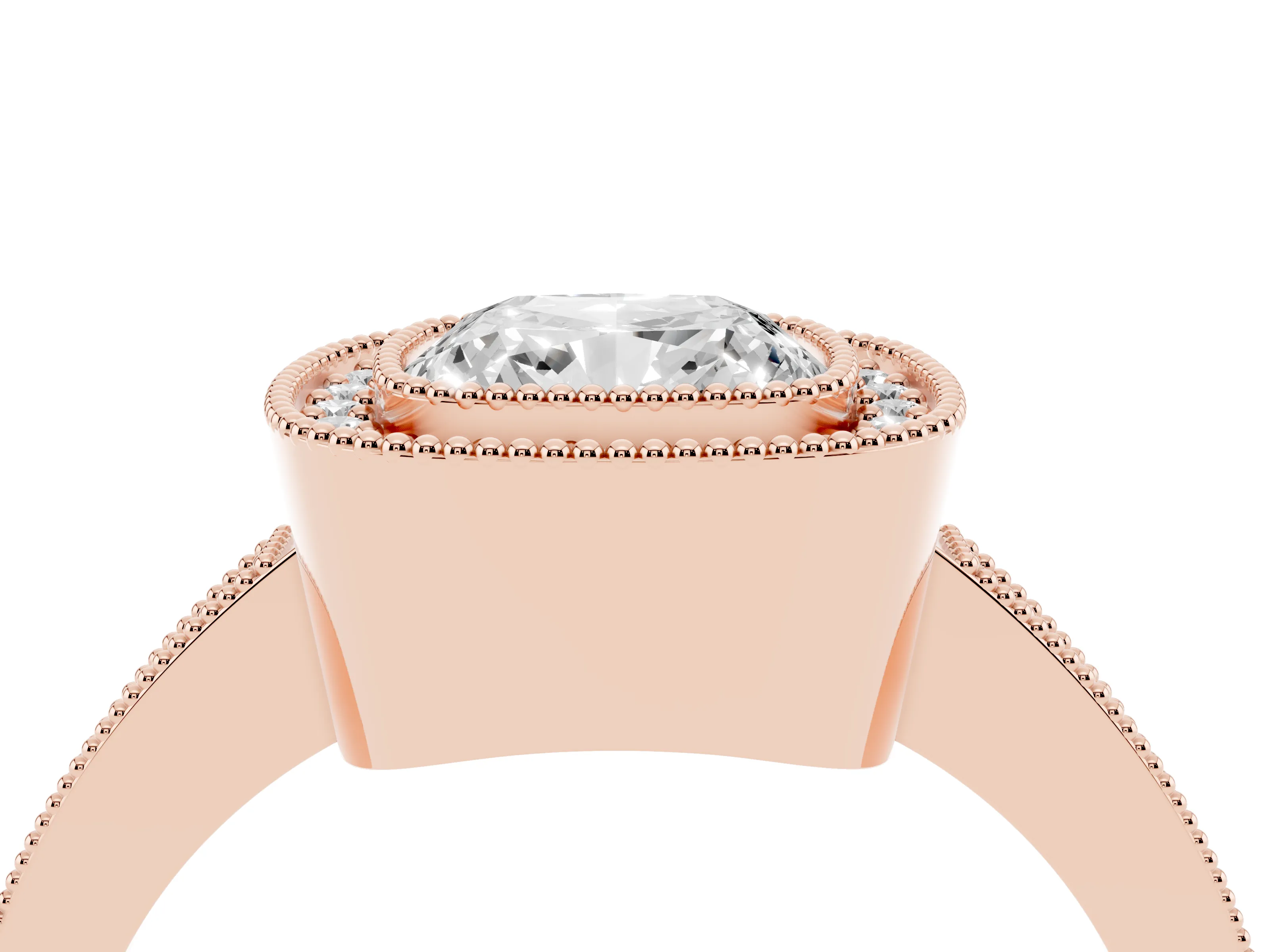 Cushion Cut Diamond Halo Engagement Ring Set in Rose gold with Pavé Band and Round Halo Stones